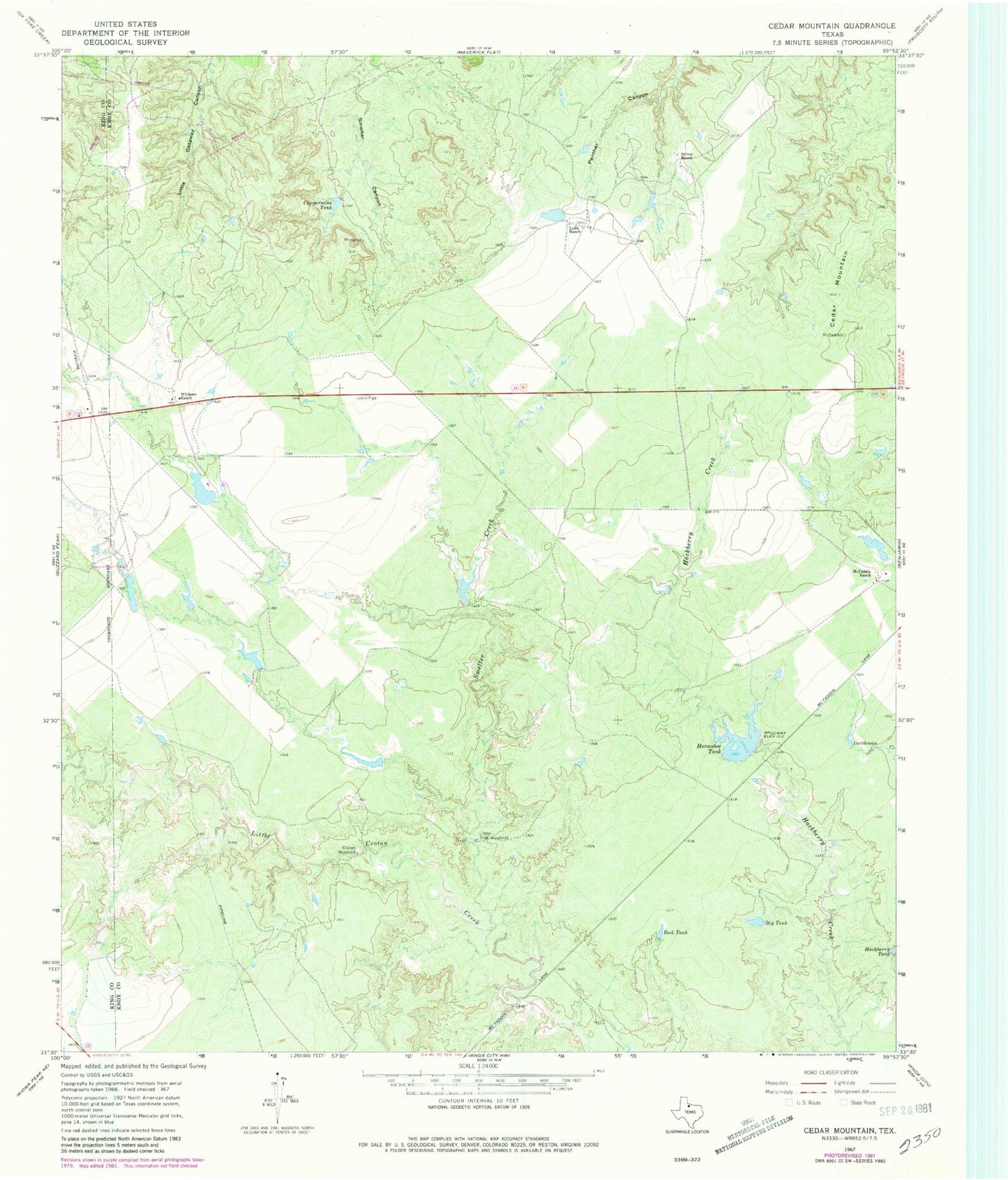 Classic USGS Cedar Mountain Texas 7.5'x7.5' Topo Map Image