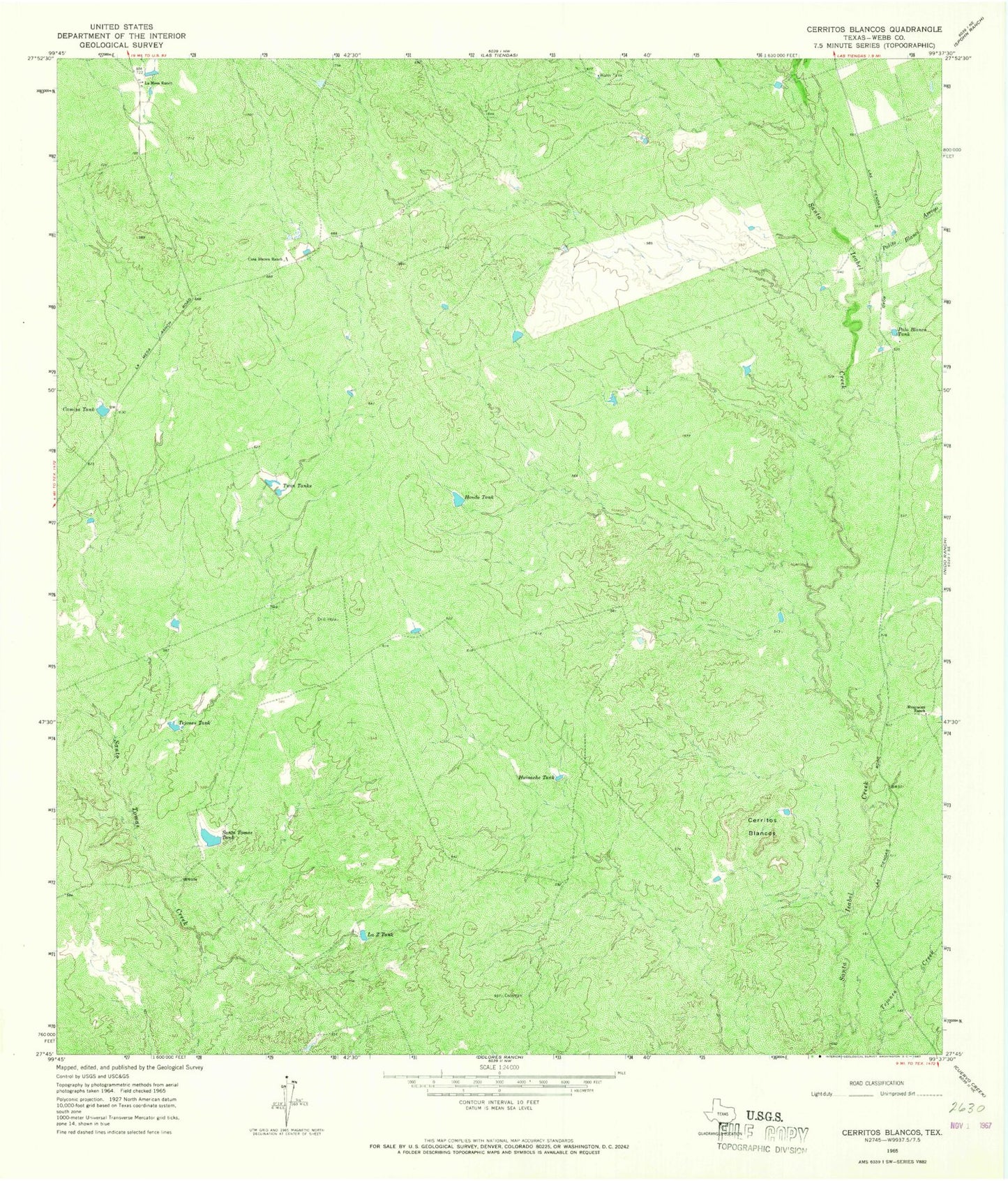 Classic USGS Cerritos Blancos Texas 7.5'x7.5' Topo Map Image