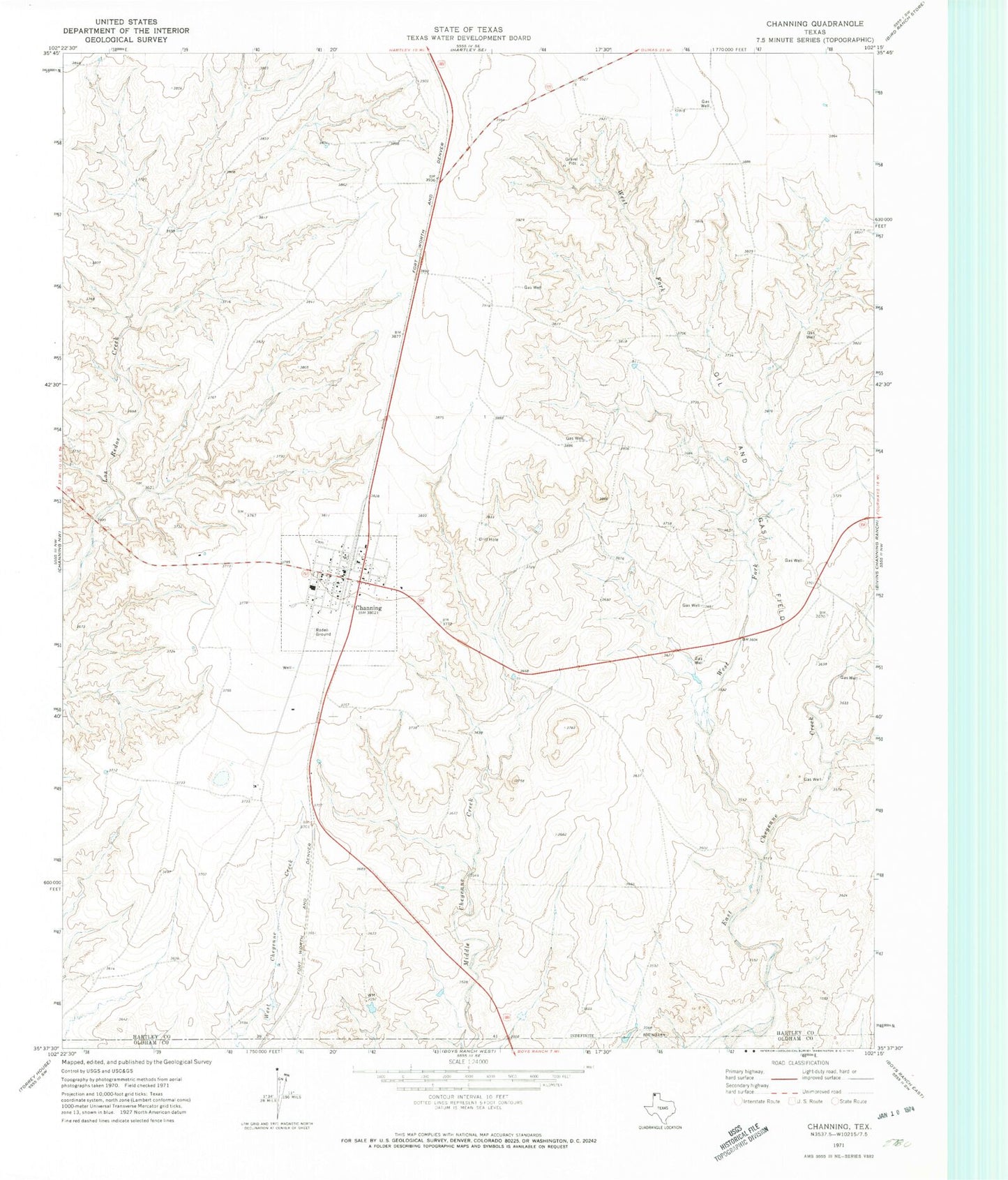 Classic USGS Channing Texas 7.5'x7.5' Topo Map Image