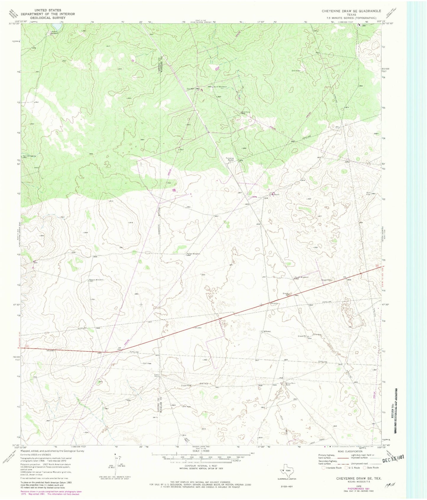 Classic USGS Cheyenne Draw SE Texas 7.5'x7.5' Topo Map Image