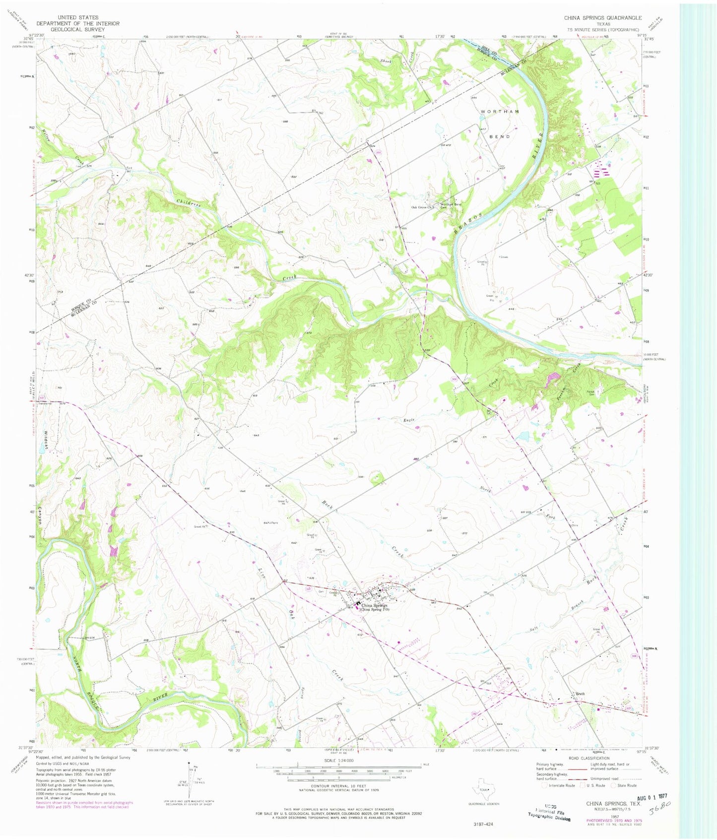 Classic USGS China Springs Texas 7.5'x7.5' Topo Map Image