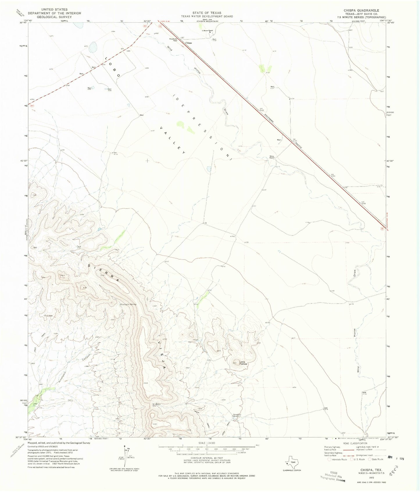 Classic USGS Chispa Texas 7.5'x7.5' Topo Map Image