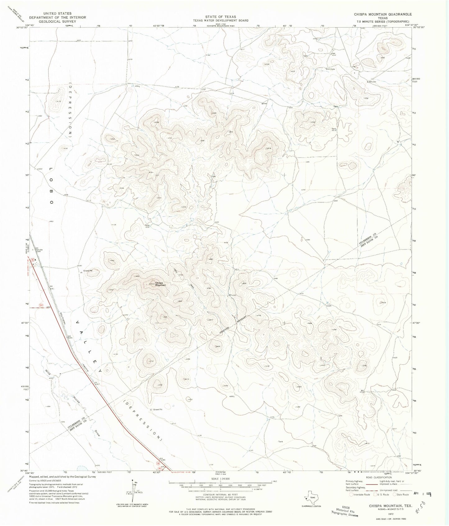 Classic USGS Chispa Mountain Texas 7.5'x7.5' Topo Map Image