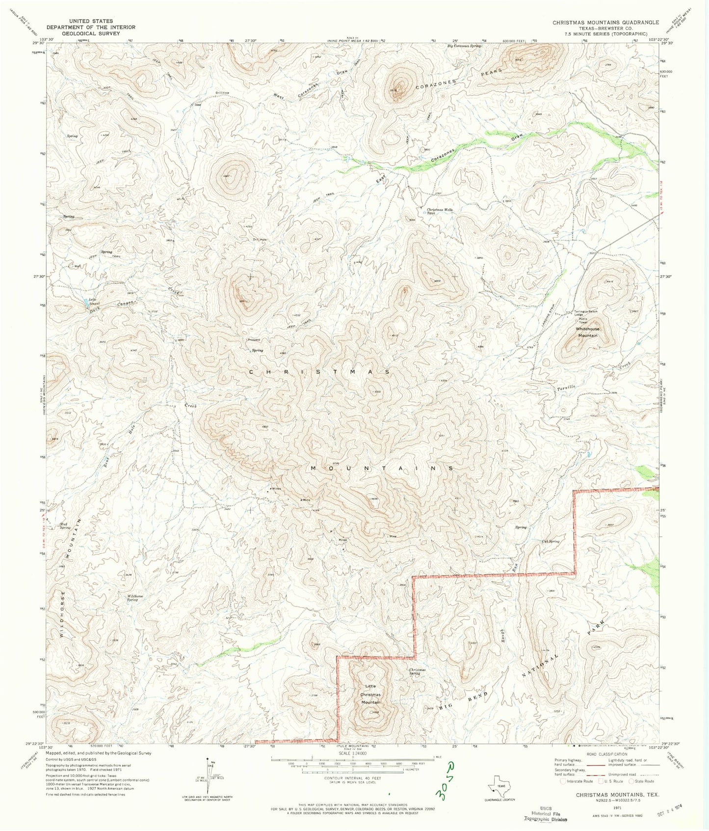 Classic USGS Christmas Mountains Texas 7.5'x7.5' Topo Map Image