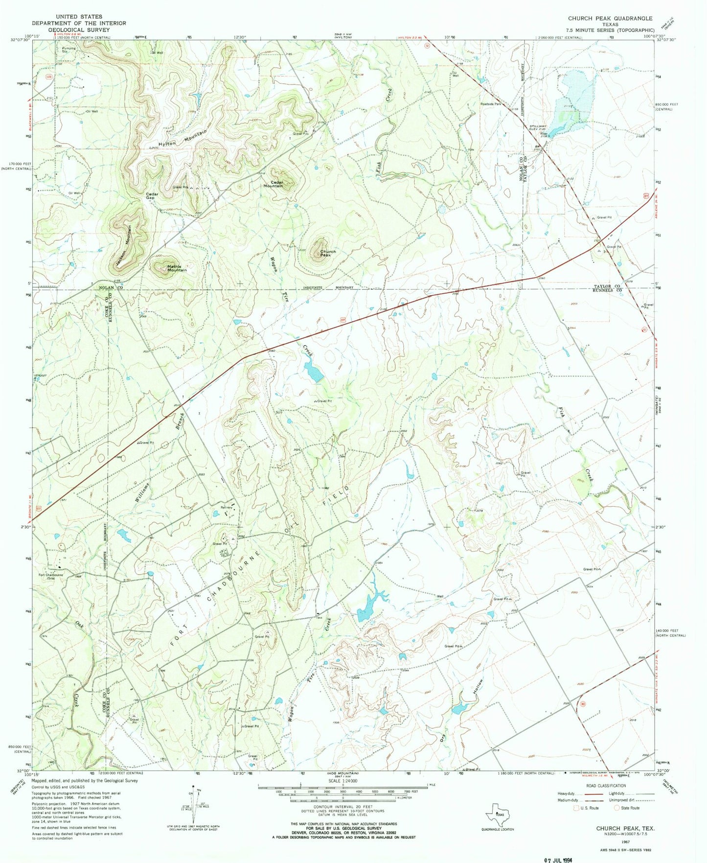Classic USGS Church Peak Texas 7.5'x7.5' Topo Map Image