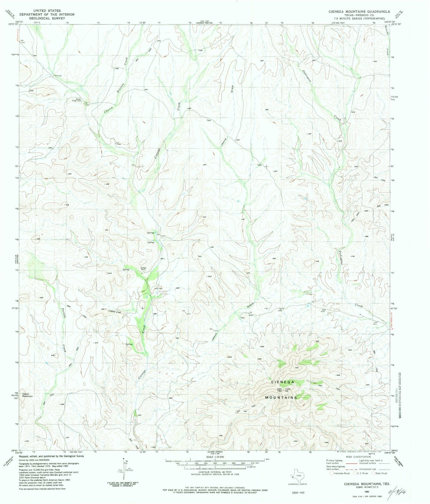 Classic USGS Cienega Mountains Texas 7.5'x7.5' Topo Map Image