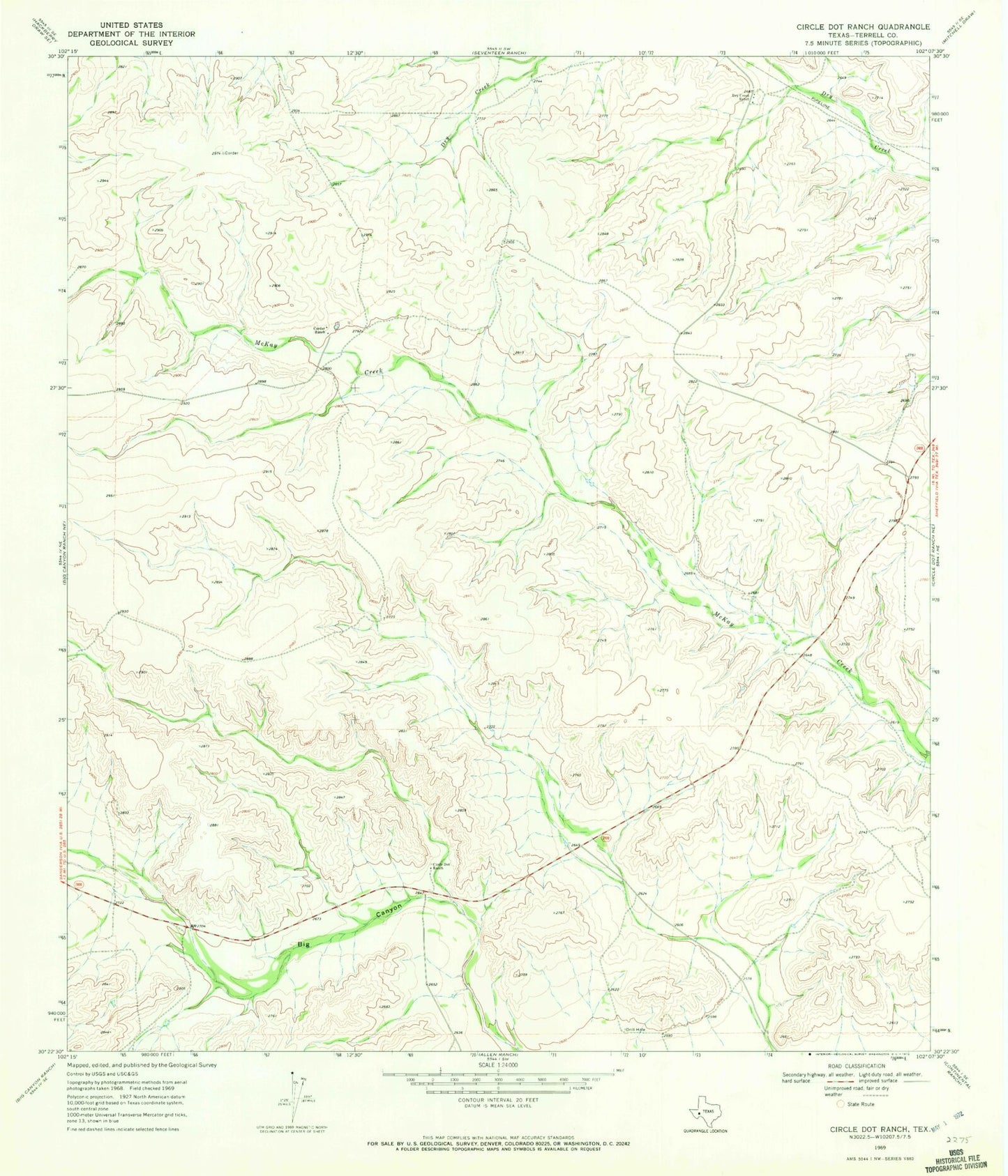 Classic USGS Circle Dot Ranch Texas 7.5'x7.5' Topo Map Image