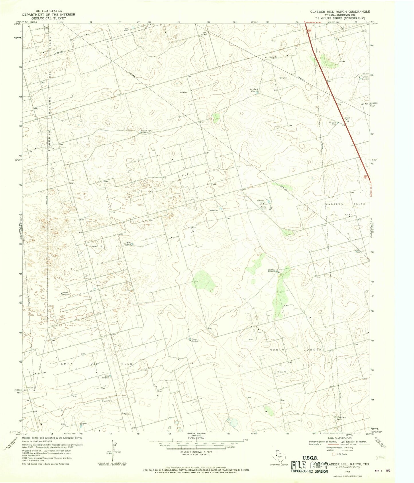 Classic USGS Clabber Hill Ranch Texas 7.5'x7.5' Topo Map Image