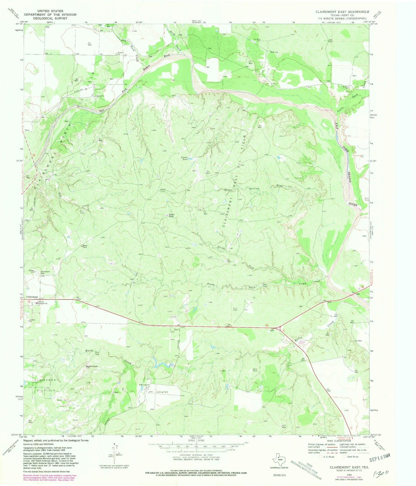 Classic USGS Clairemont East Texas 7.5'x7.5' Topo Map Image