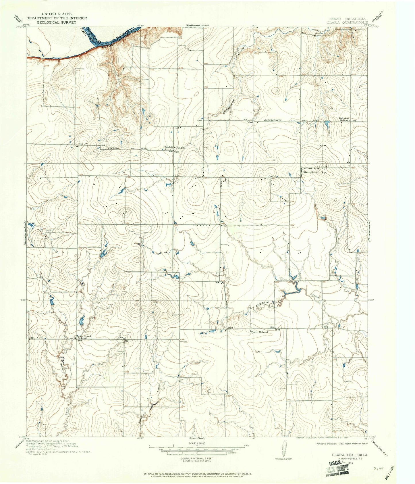Classic USGS Clara Texas 7.5'x7.5' Topo Map Image