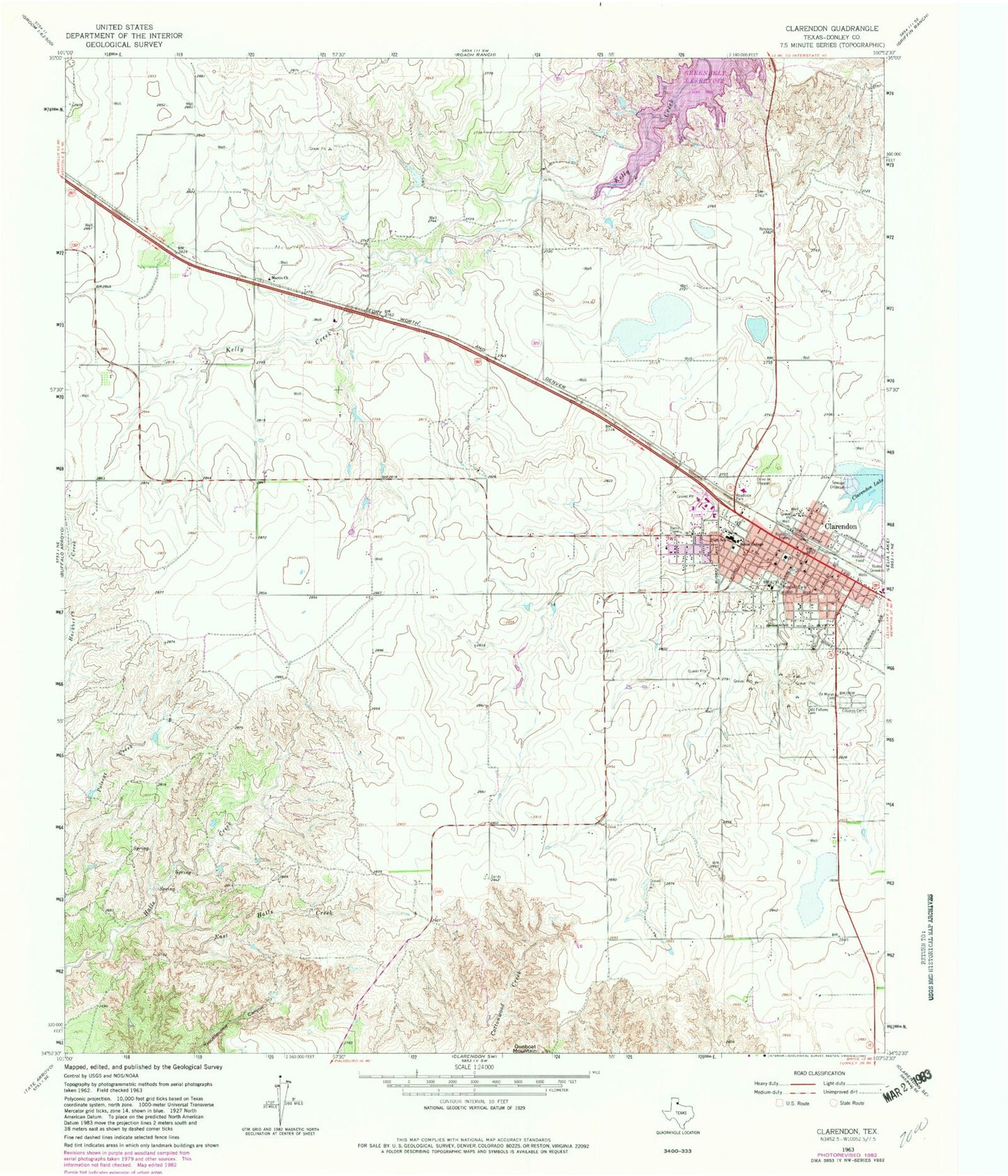 Classic USGS Clarendon Texas 7.5'x7.5' Topo Map Image