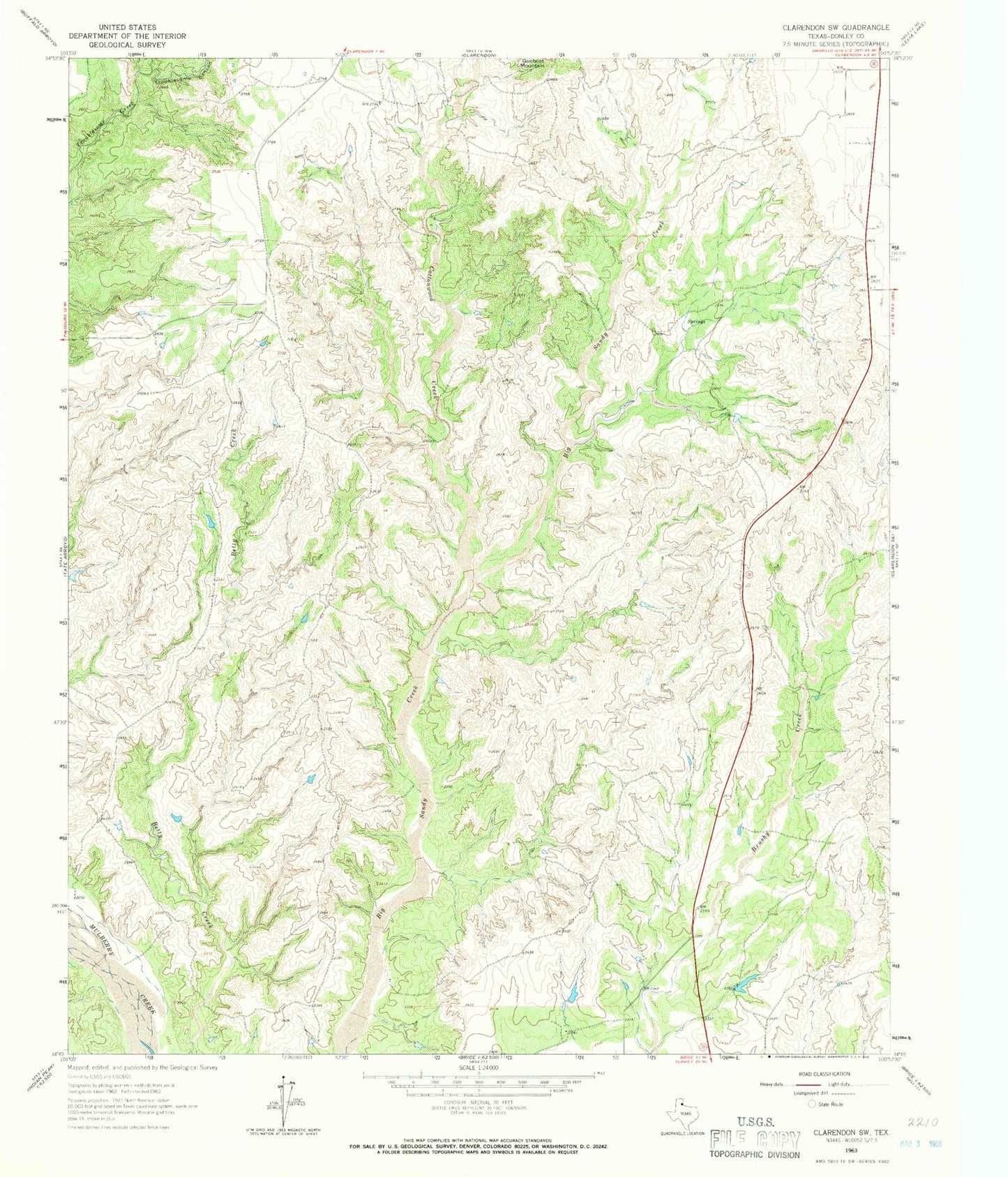Classic USGS Clarendon SW Texas 7.5'x7.5' Topo Map Image