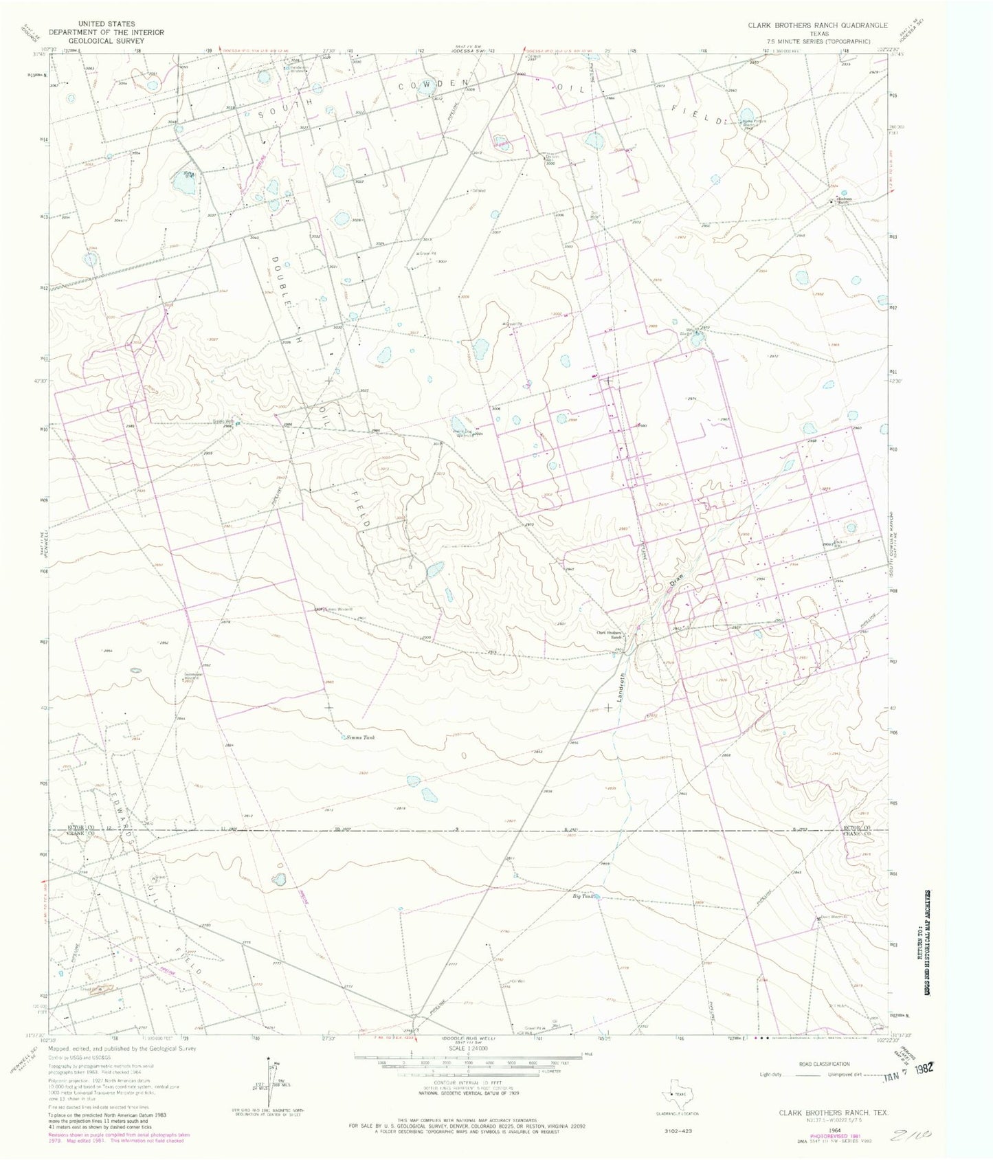 Classic USGS Clark Brothers Ranch Texas 7.5'x7.5' Topo Map Image