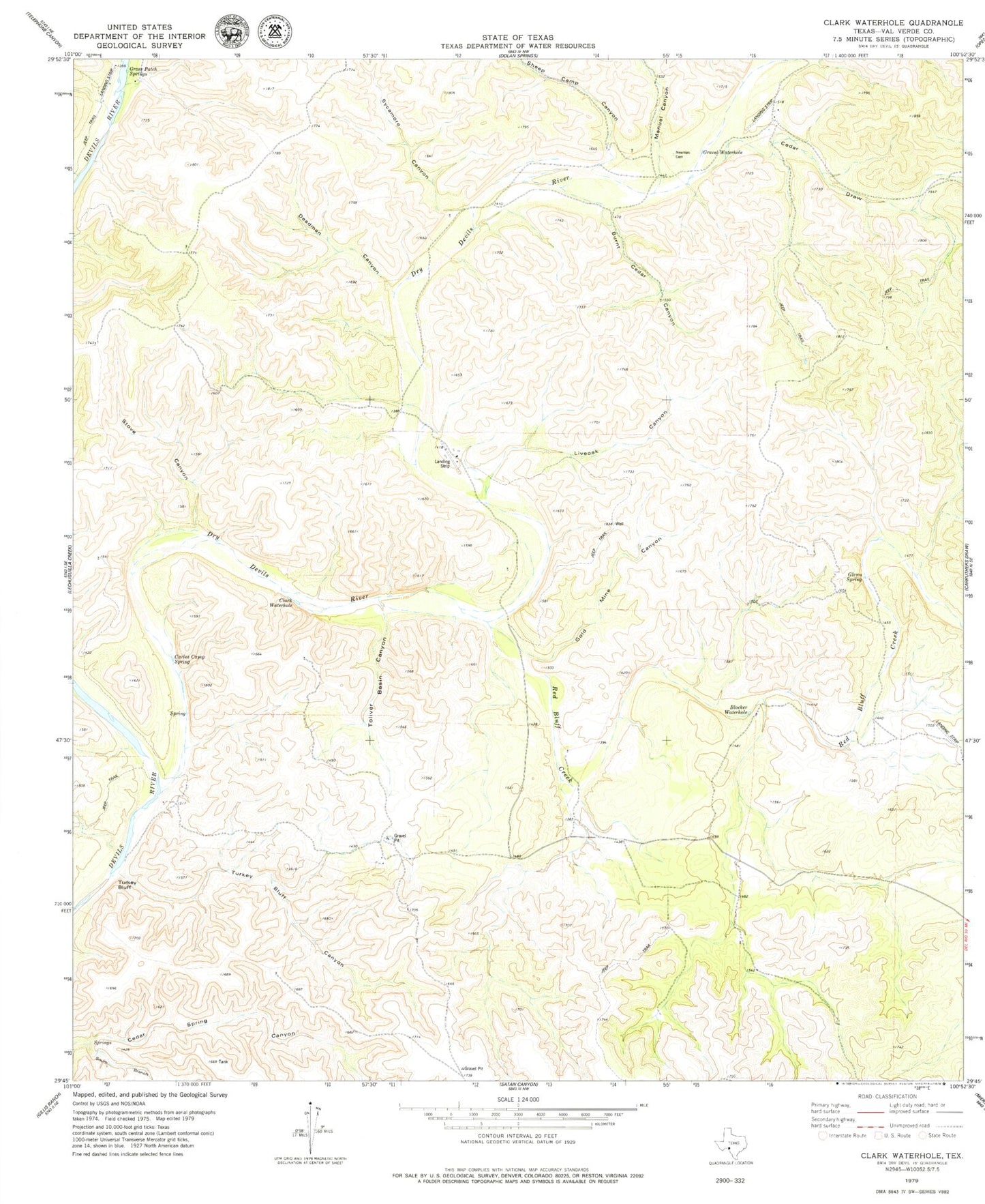 Classic USGS Clark Waterhole Texas 7.5'x7.5' Topo Map Image