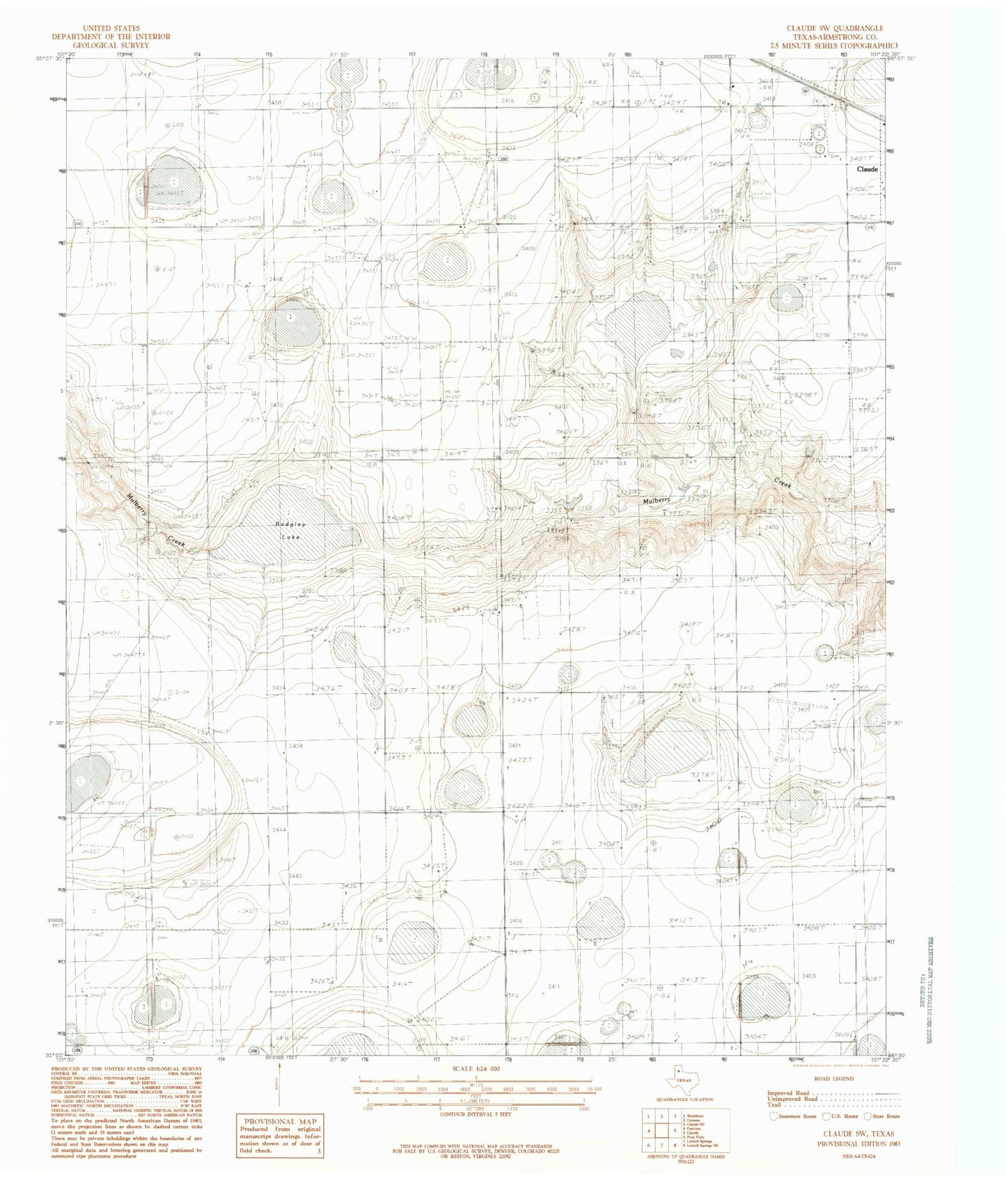 Classic USGS Claude SW Texas 7.5'x7.5' Topo Map Image
