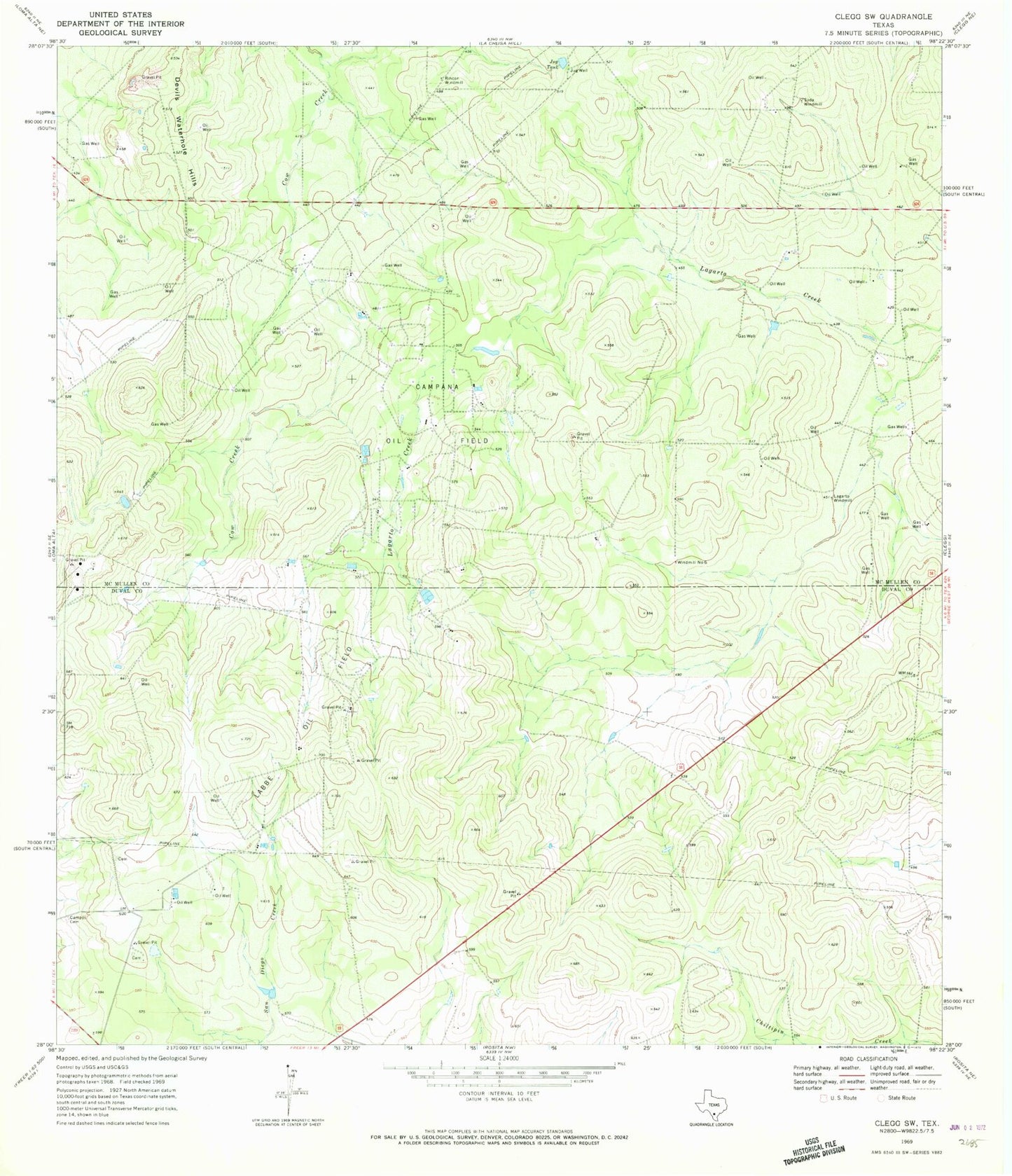 Classic USGS Clegg SW Texas 7.5'x7.5' Topo Map Image
