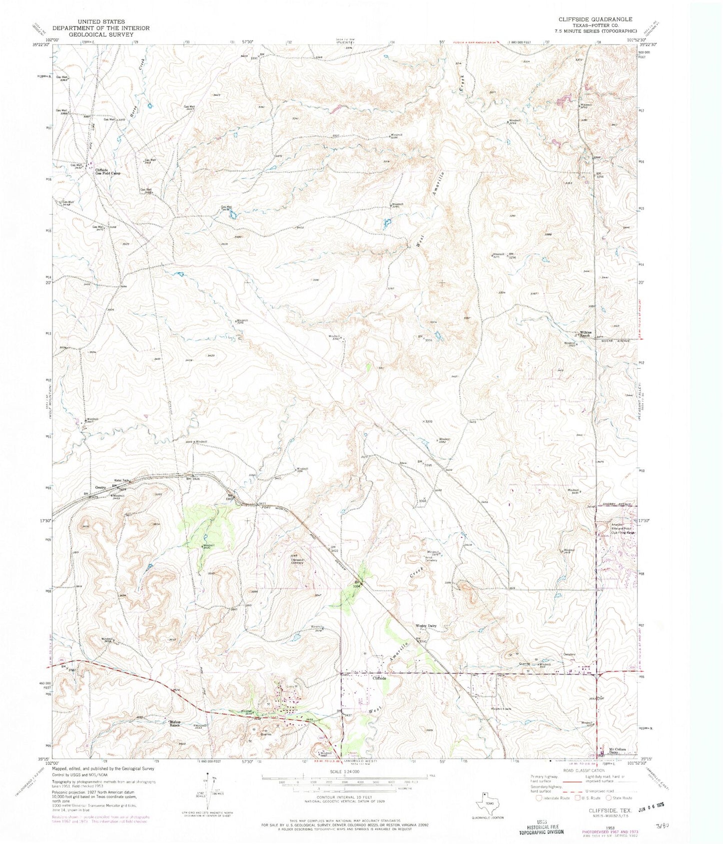 Classic USGS Cliffside Texas 7.5'x7.5' Topo Map Image