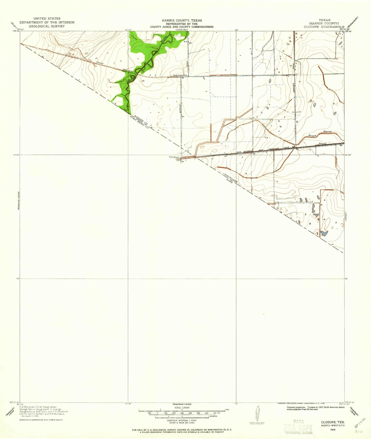 Classic USGS Clodine Texas 7.5'x7.5' Topo Map Image