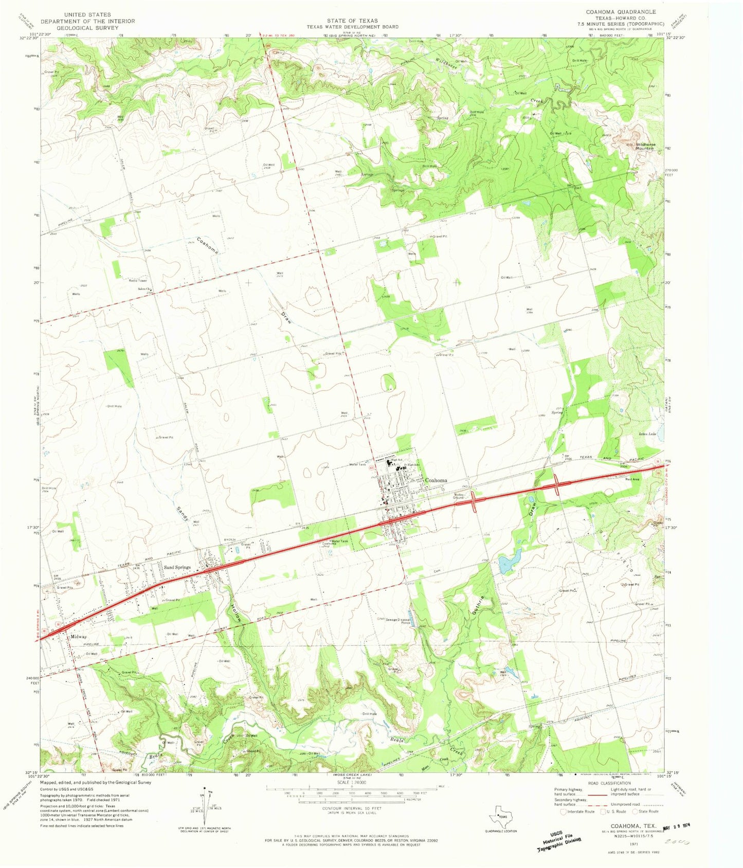 Classic USGS Coahoma Texas 7.5'x7.5' Topo Map Image