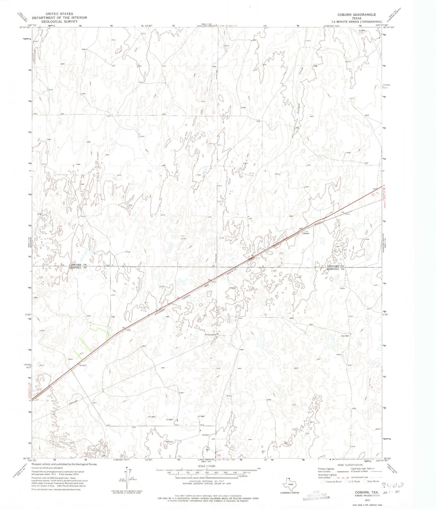 Classic USGS Coburn Texas 7.5'x7.5' Topo Map Image