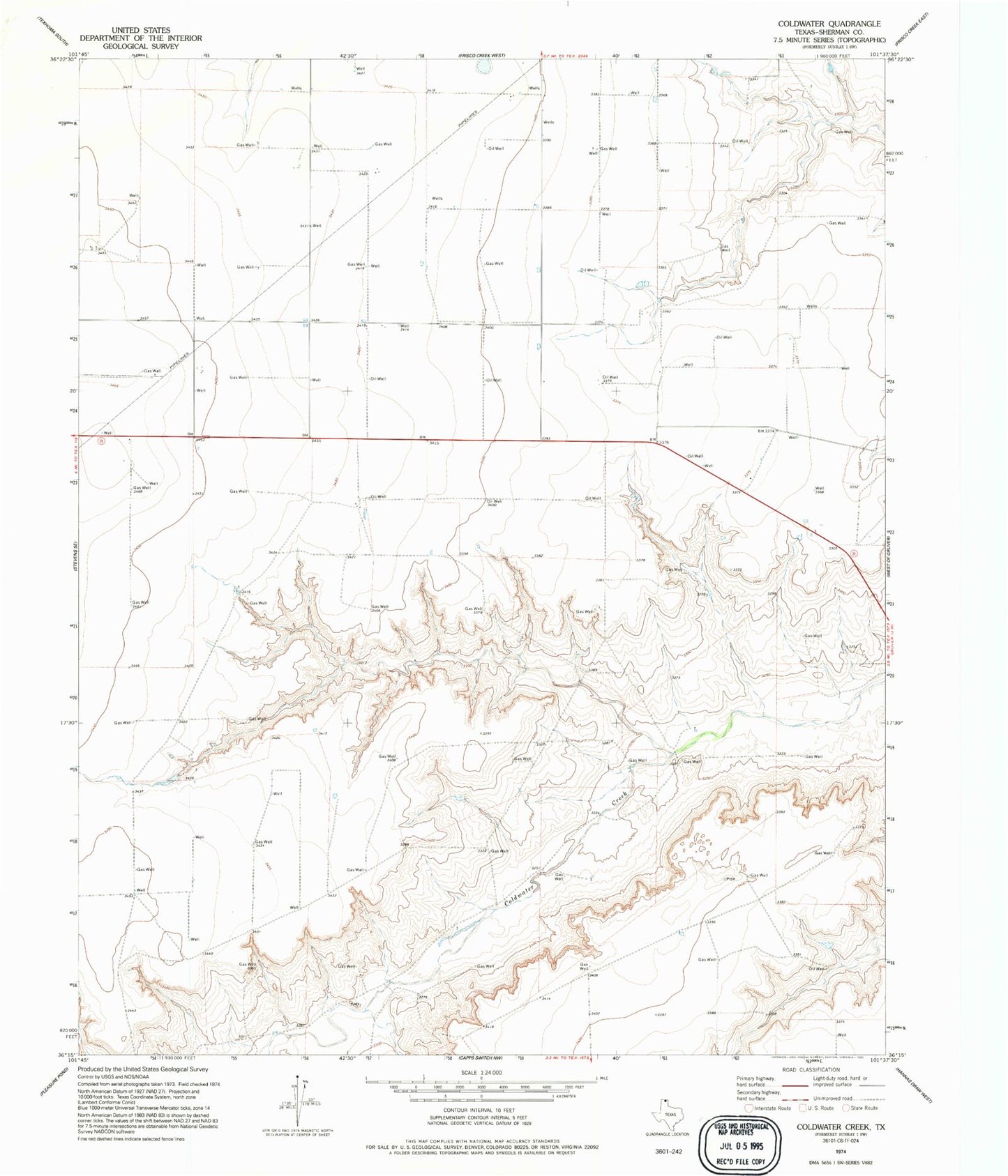 Classic USGS Coldwater Creek Texas 7.5'x7.5' Topo Map Image