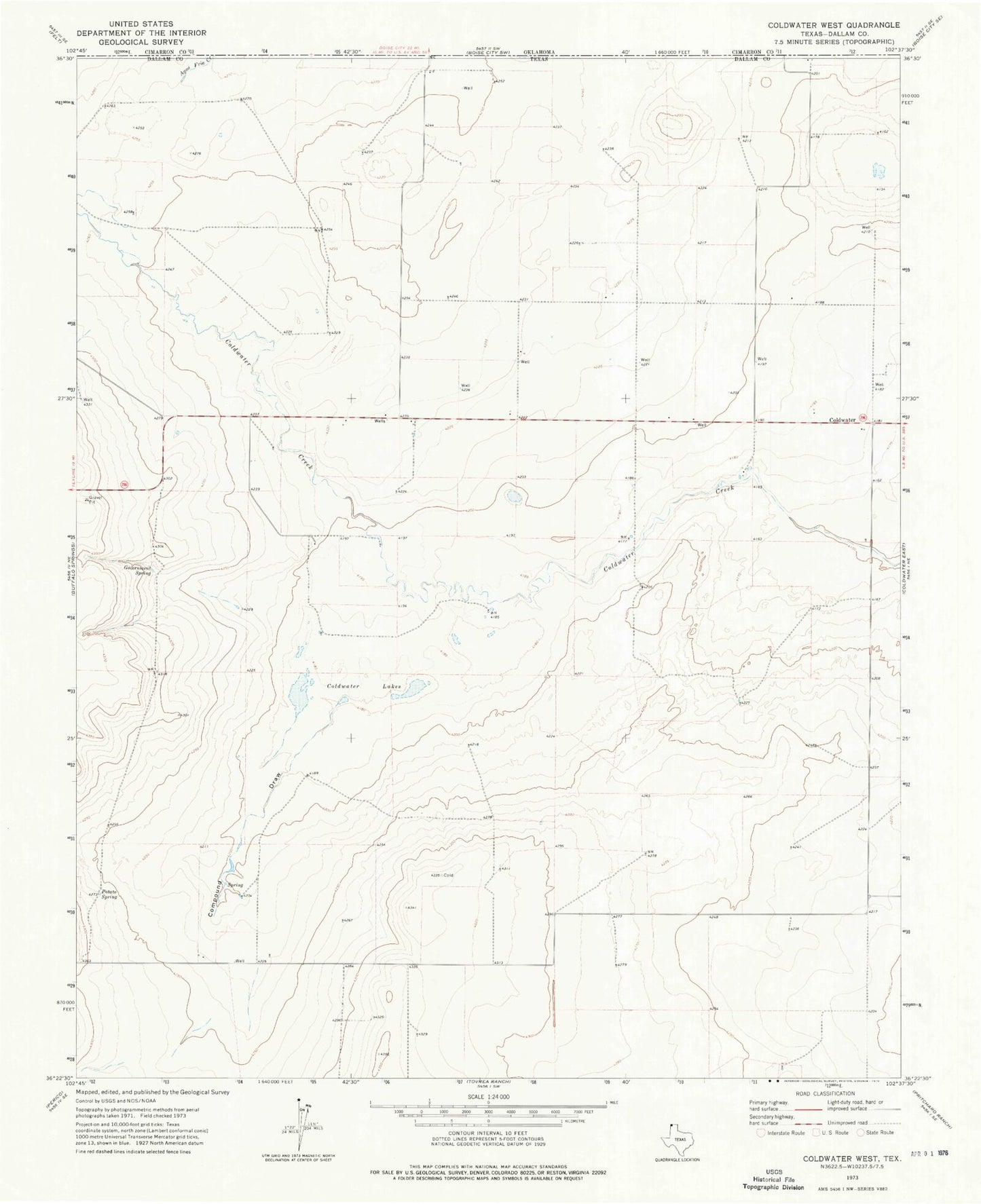 Classic USGS Coldwater West Texas 7.5'x7.5' Topo Map Image