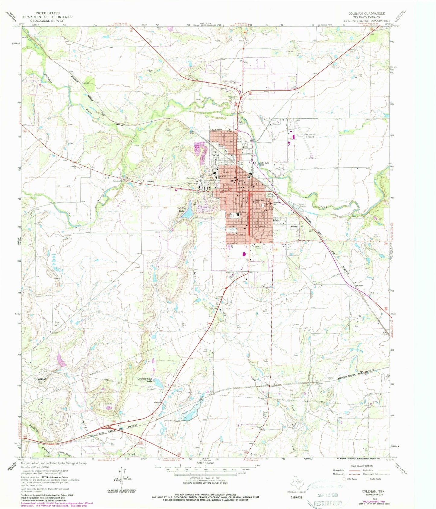 Classic USGS Coleman Texas 7.5'x7.5' Topo Map Image