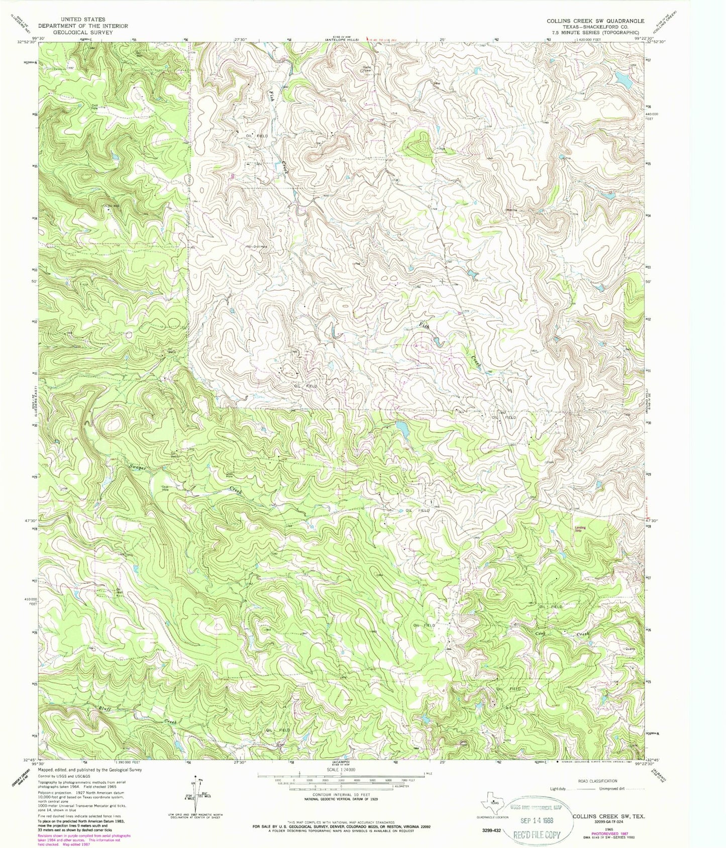 Classic USGS Collins Creek SW Texas 7.5'x7.5' Topo Map Image
