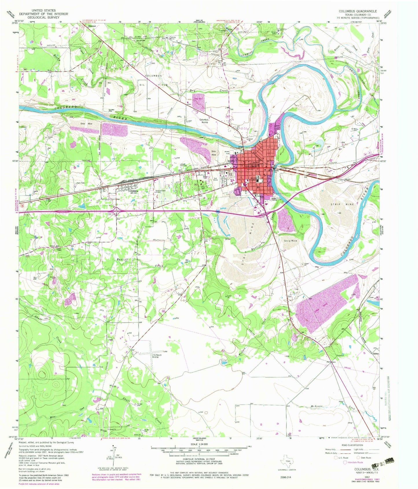 Classic USGS Columbus Texas 7.5'x7.5' Topo Map Image