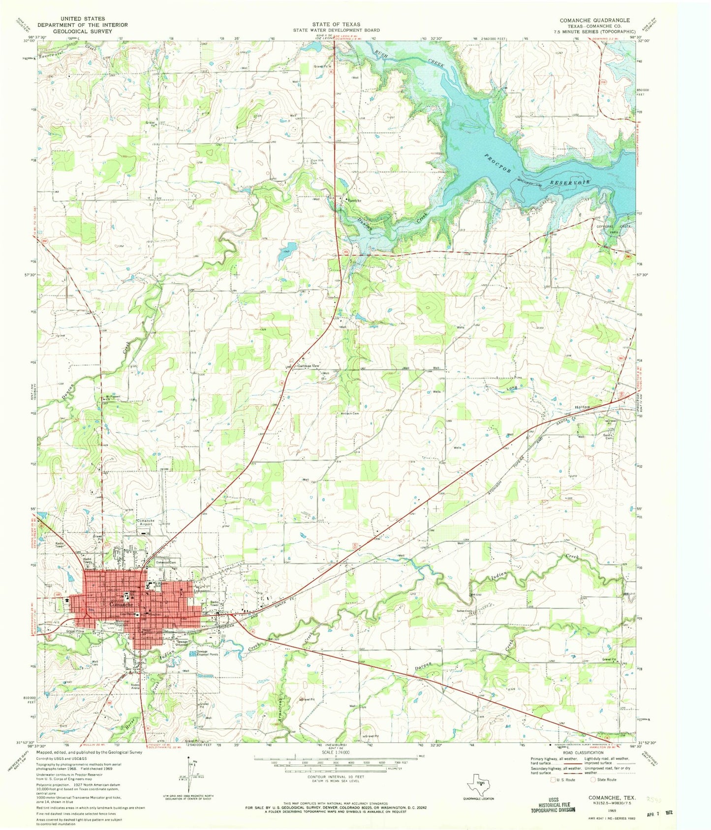 Classic USGS Comanche Texas 7.5'x7.5' Topo Map Image