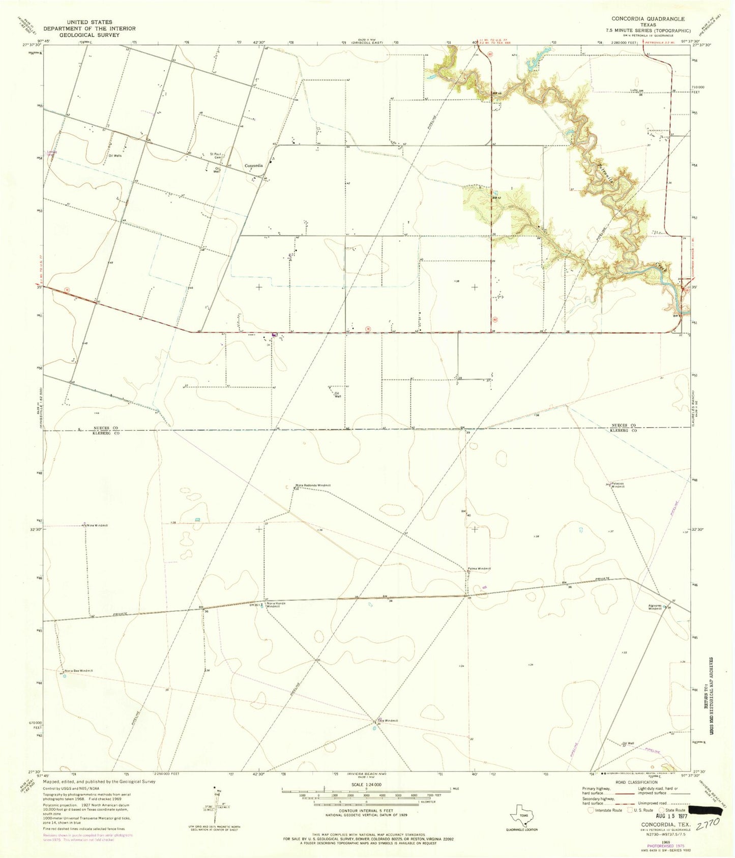 Classic USGS Concordia Texas 7.5'x7.5' Topo Map Image