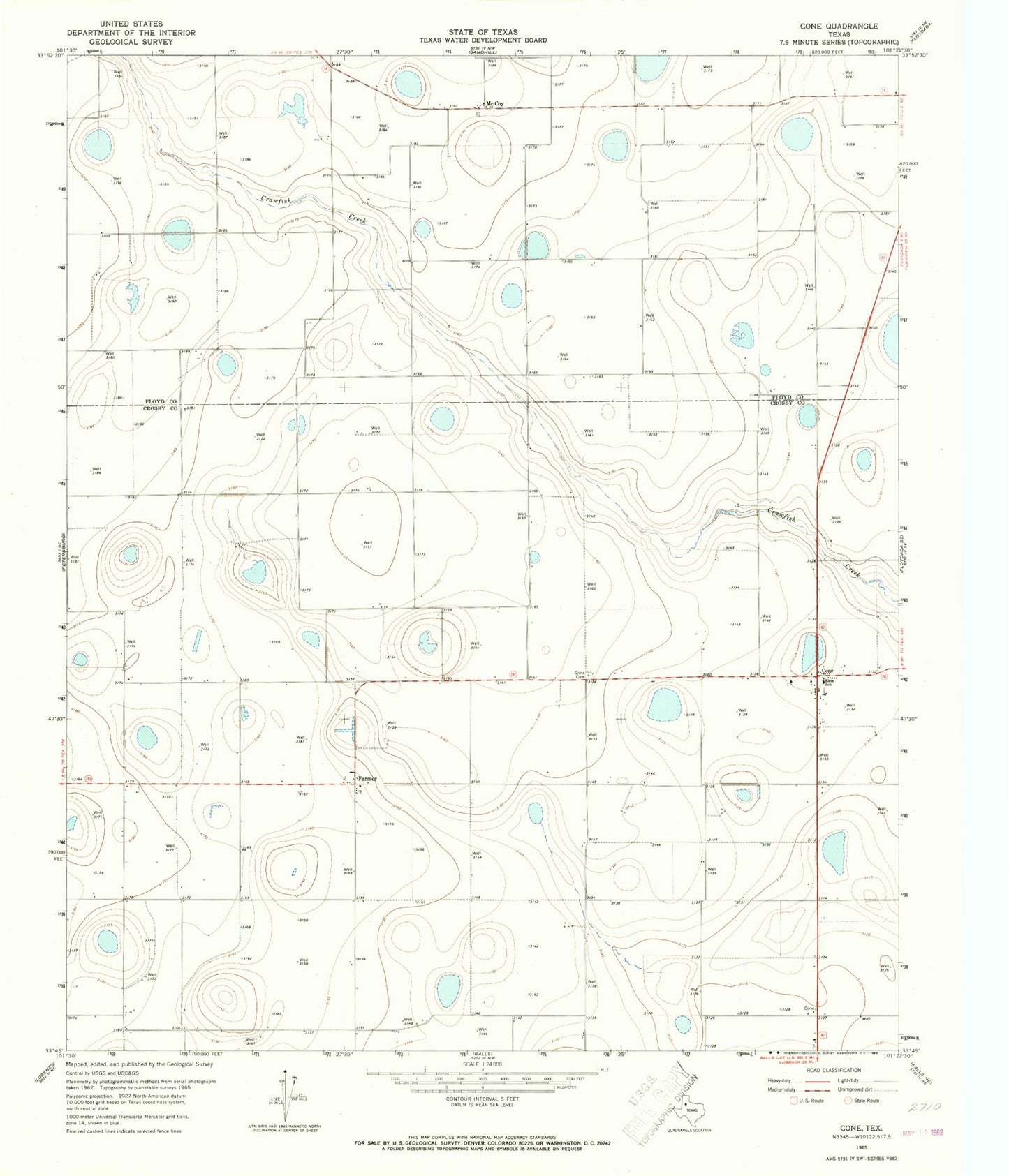 Classic USGS Cone Texas 7.5'x7.5' Topo Map Image
