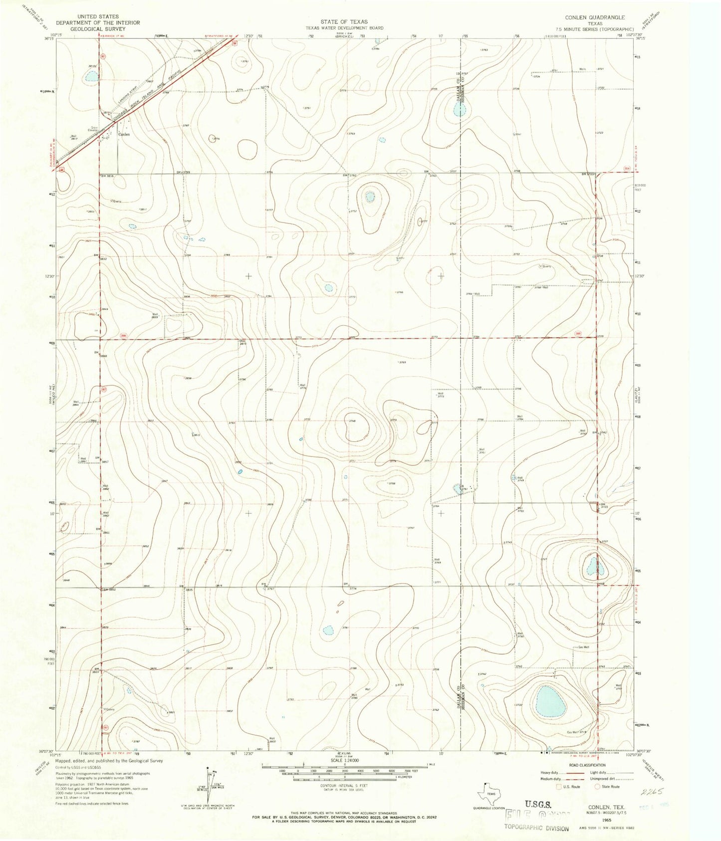 Classic USGS Conlen Texas 7.5'x7.5' Topo Map Image