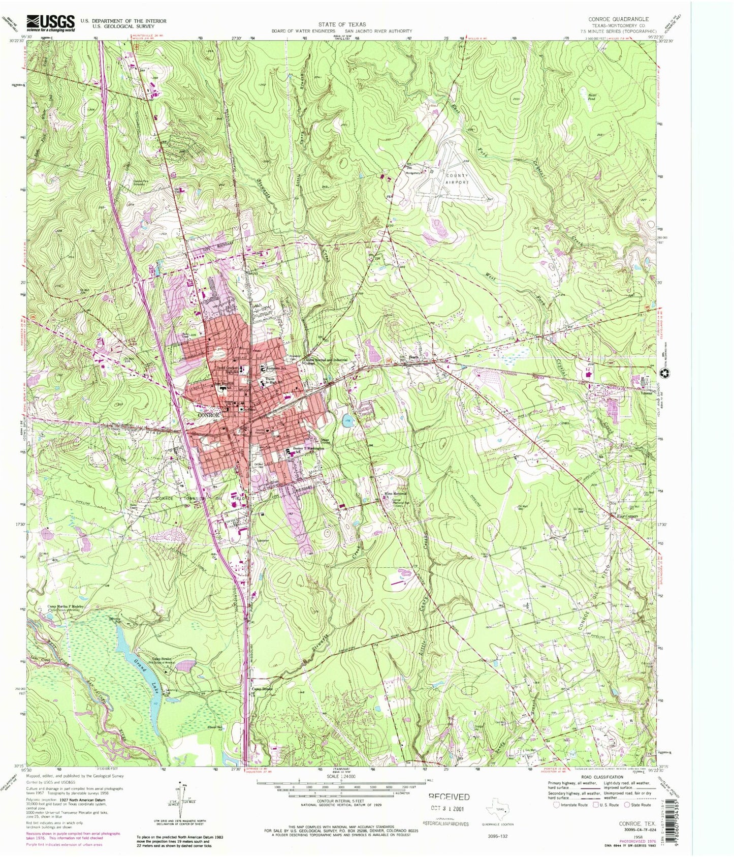 Classic USGS Conroe Texas 7.5'x7.5' Topo Map Image