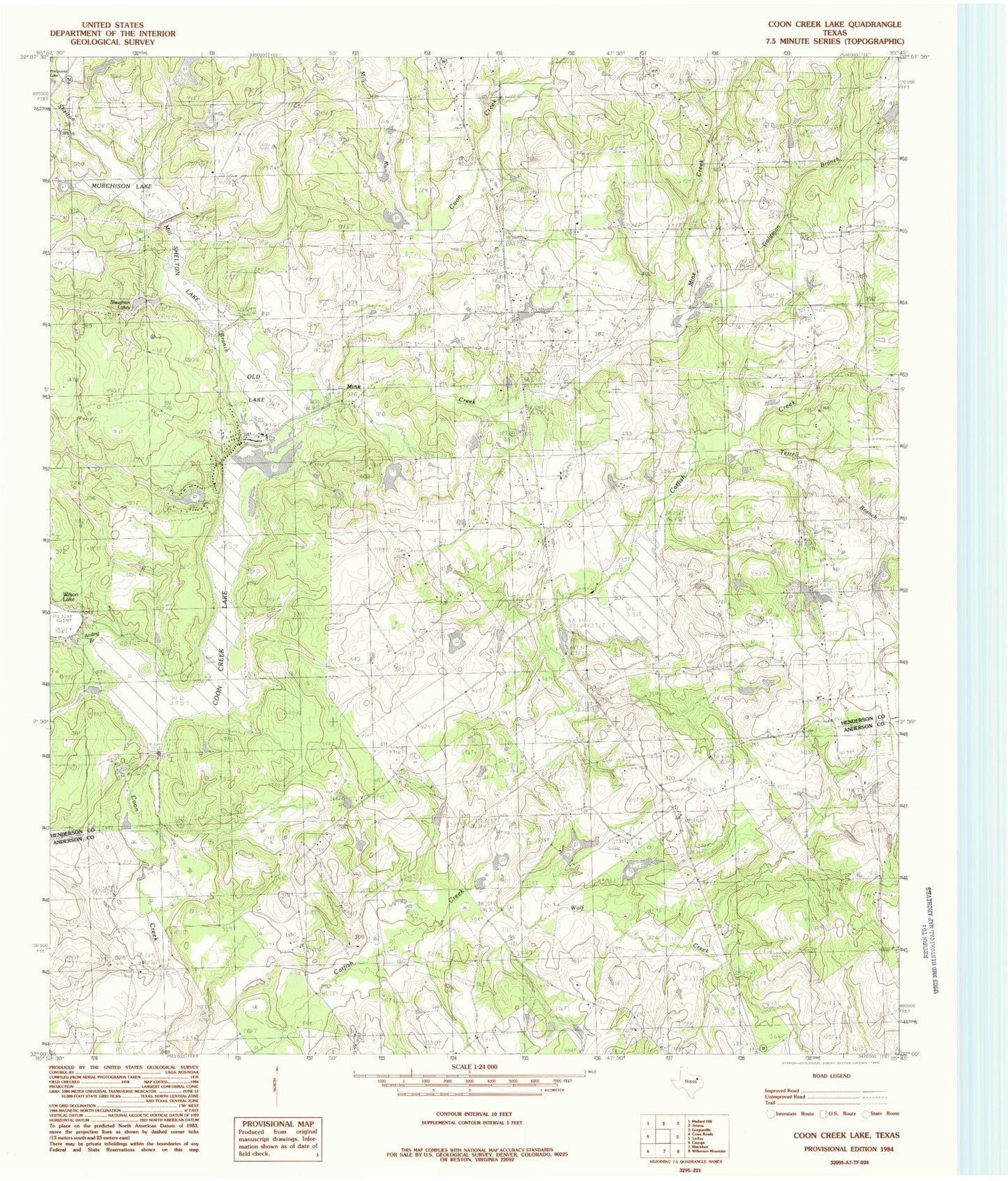 Classic USGS Coon Creek Lake Texas 7.5'x7.5' Topo Map Image