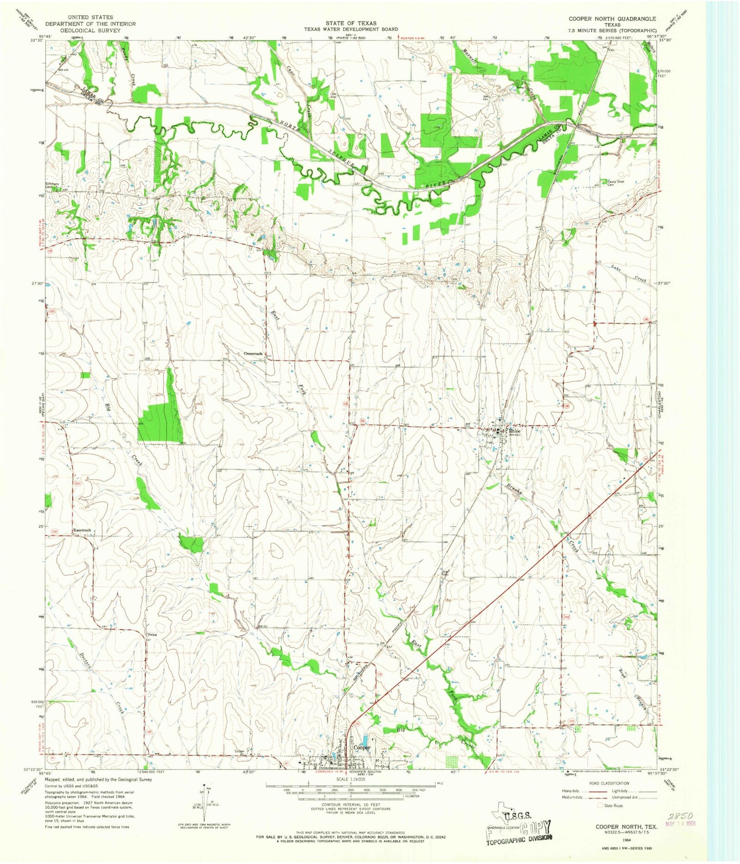 Classic USGS Cooper North Texas 7.5'x7.5' Topo Map Image