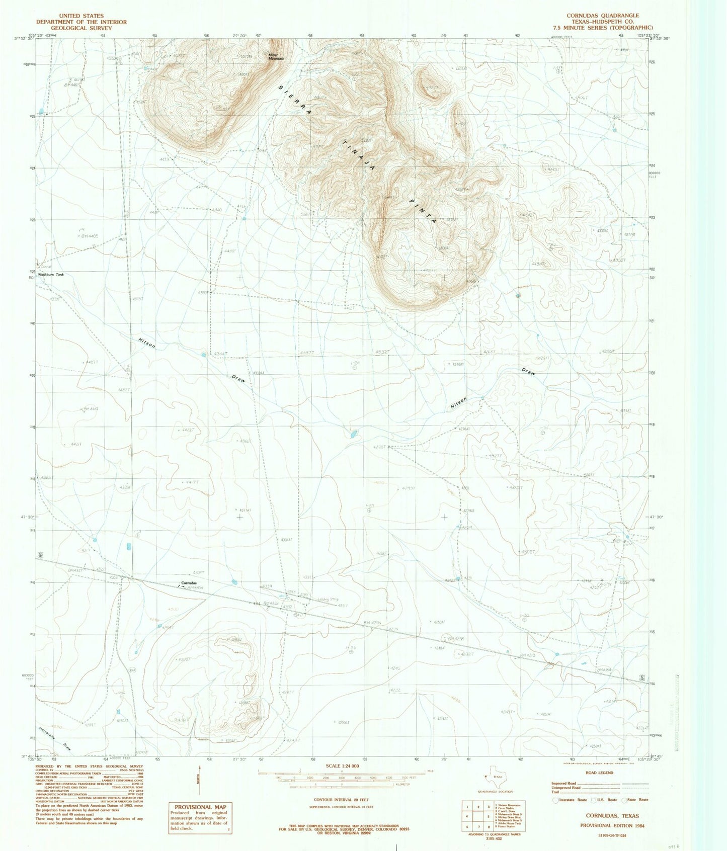 Classic USGS Cornudas Texas 7.5'x7.5' Topo Map Image