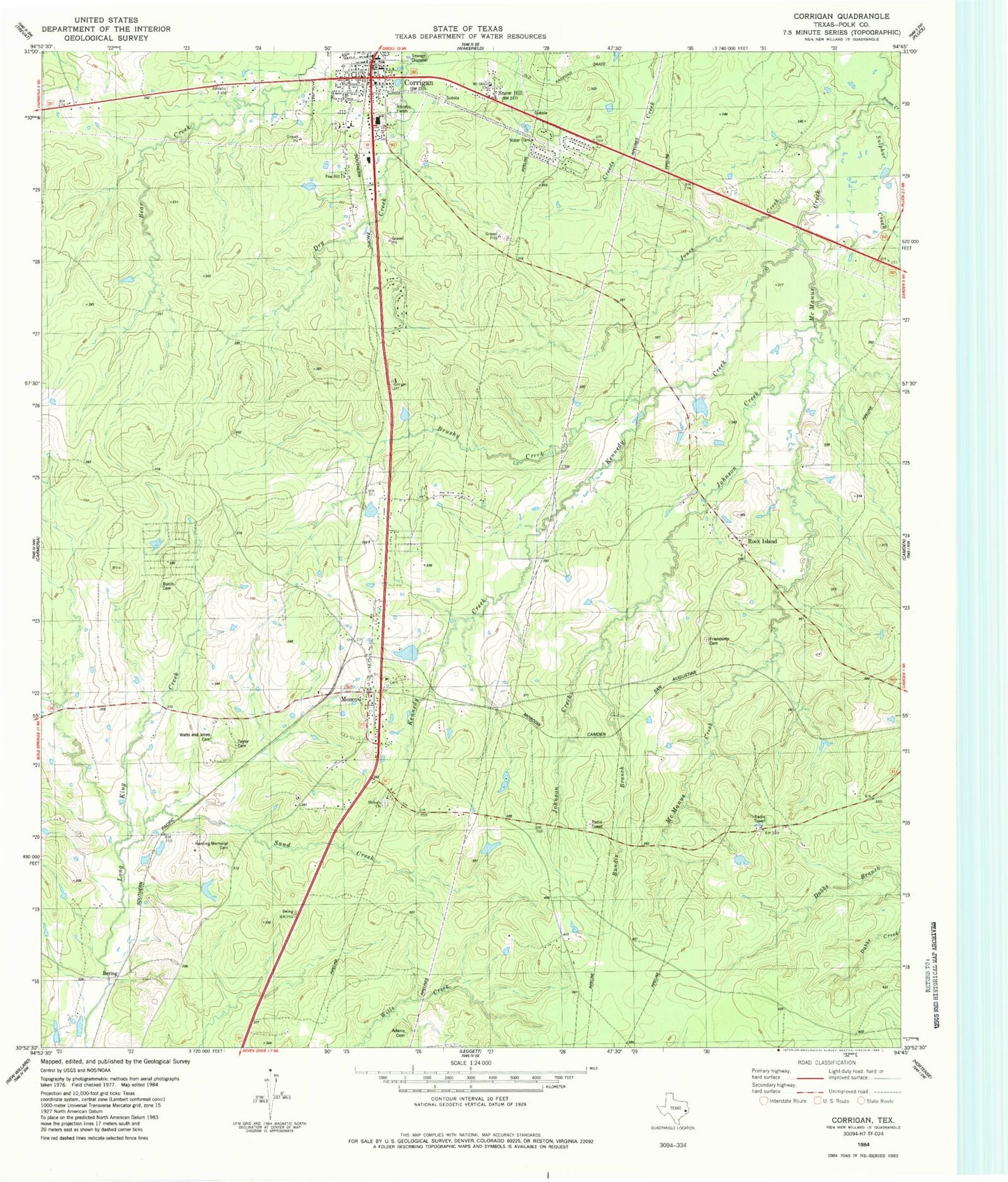 Classic USGS Corrigan Texas 7.5'x7.5' Topo Map Image