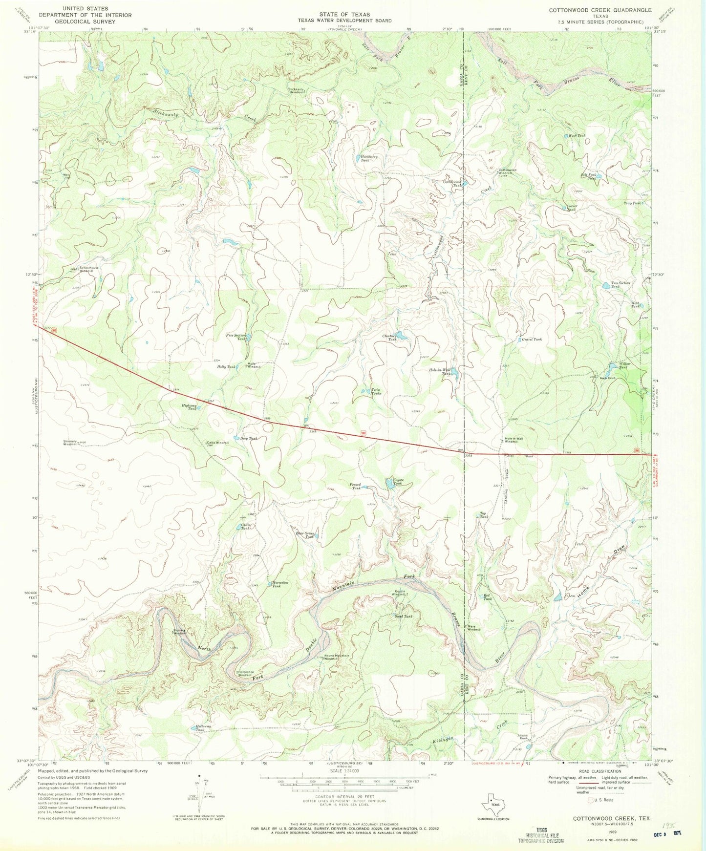 Classic USGS Cottonwood Creek Texas 7.5'x7.5' Topo Map Image