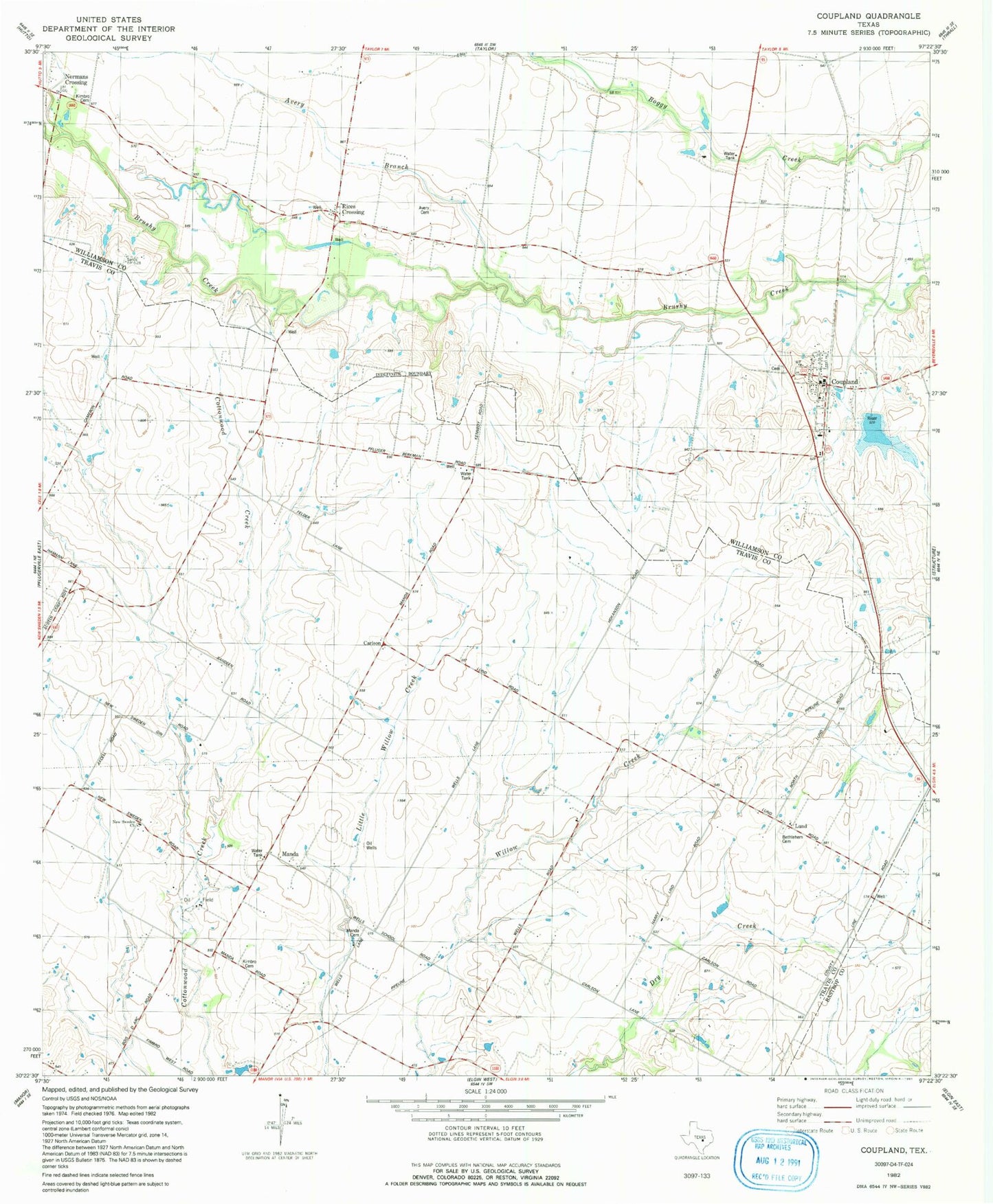 Classic USGS Coupland Texas 7.5'x7.5' Topo Map Image
