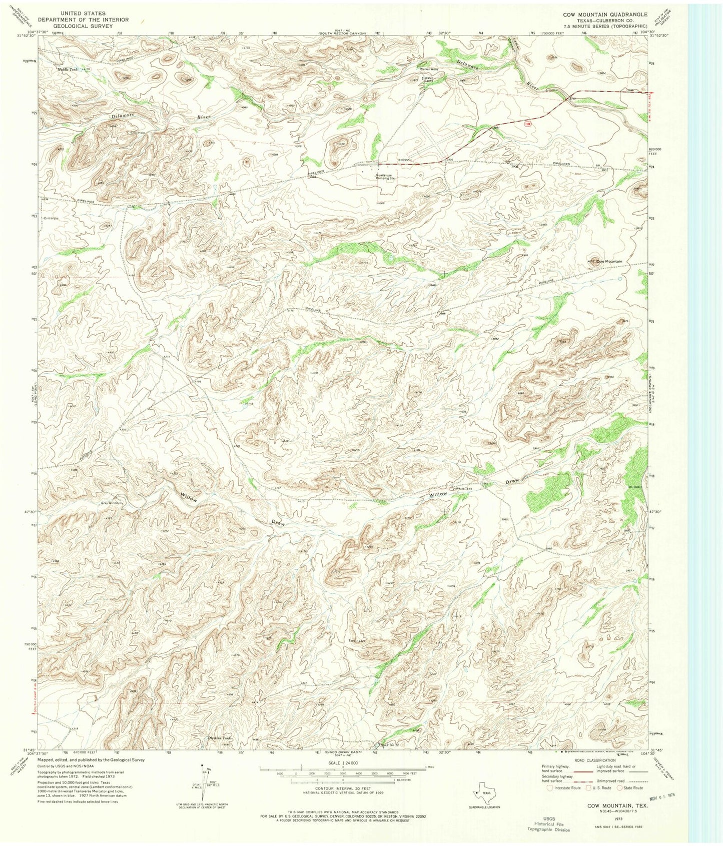 Classic USGS Cow Mountain Texas 7.5'x7.5' Topo Map Image