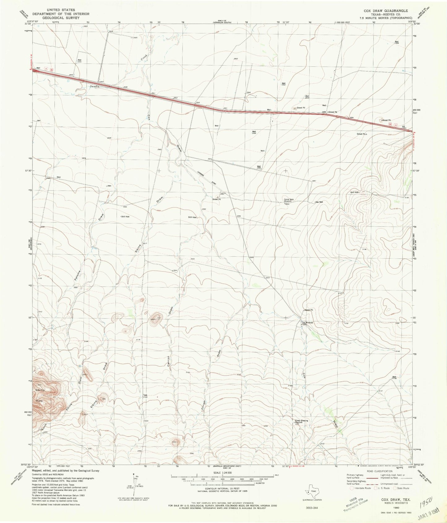 Classic USGS Cox Draw Texas 7.5'x7.5' Topo Map Image
