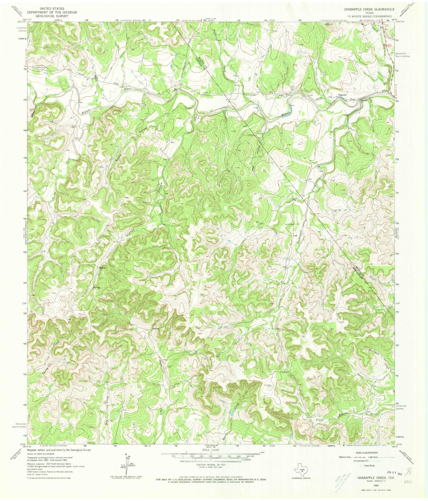 Classic USGS Crabapple Creek Texas 7.5'x7.5' Topo Map Image
