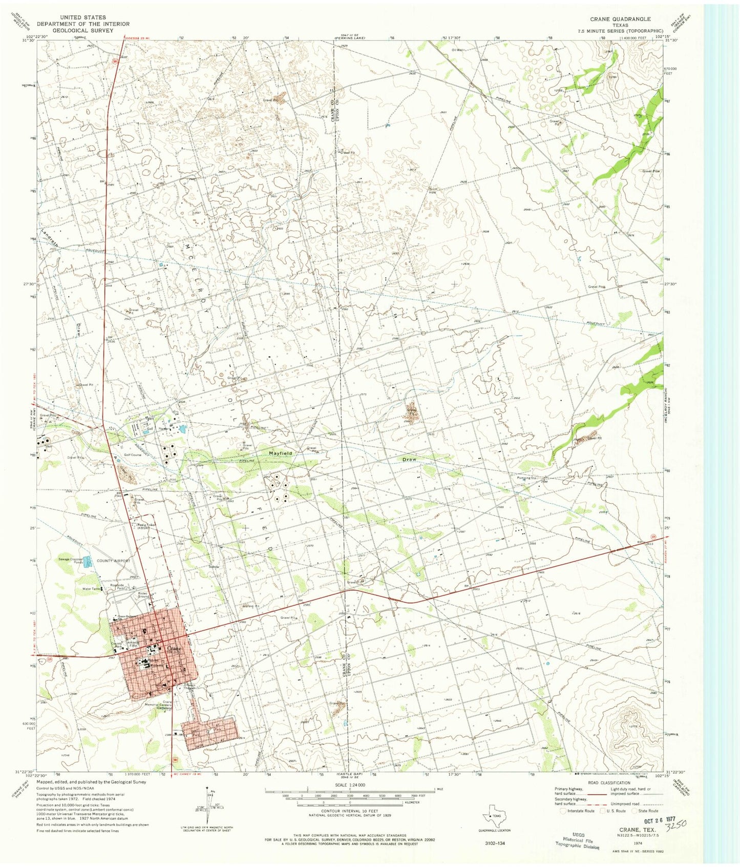 Classic USGS Crane Texas 7.5'x7.5' Topo Map Image