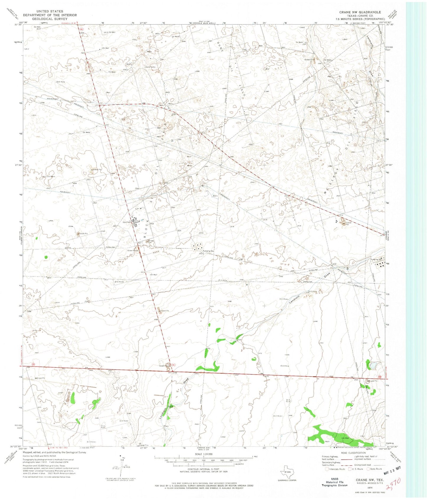 Classic USGS Crane NW Texas 7.5'x7.5' Topo Map Image