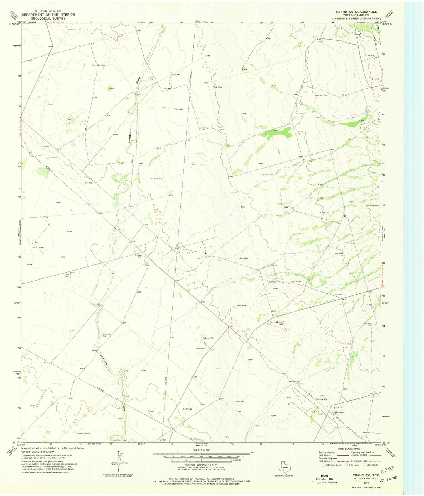 Classic USGS Crane SW Texas 7.5'x7.5' Topo Map Image