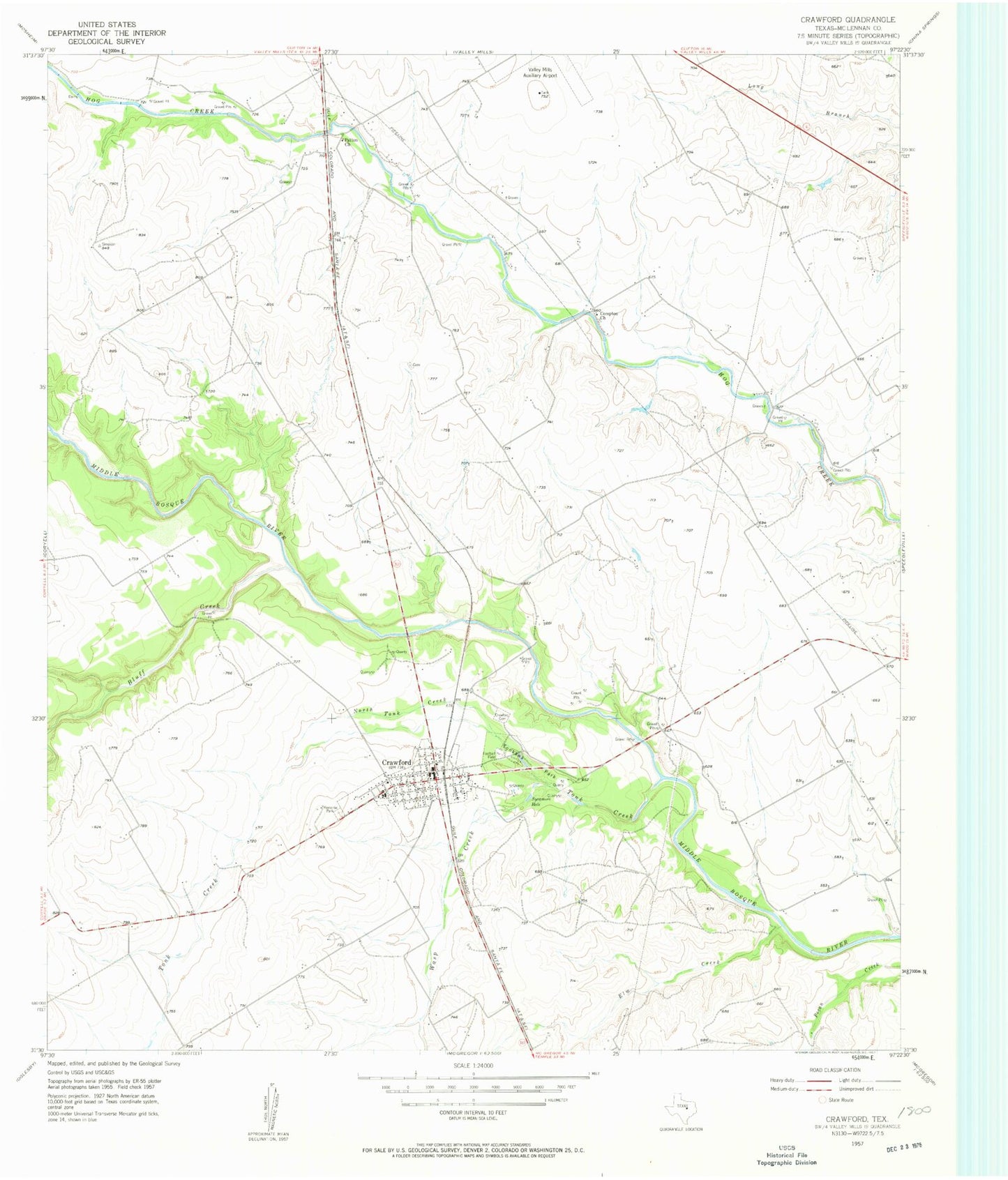 Classic USGS Crawford Texas 7.5'x7.5' Topo Map Image