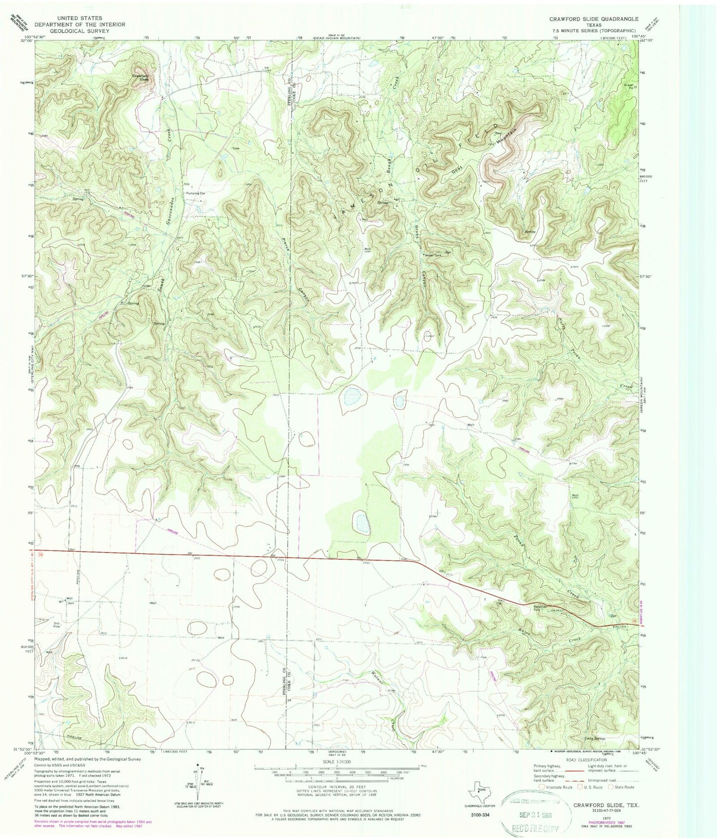 Classic USGS Crawford Slide Texas 7.5'x7.5' Topo Map Image