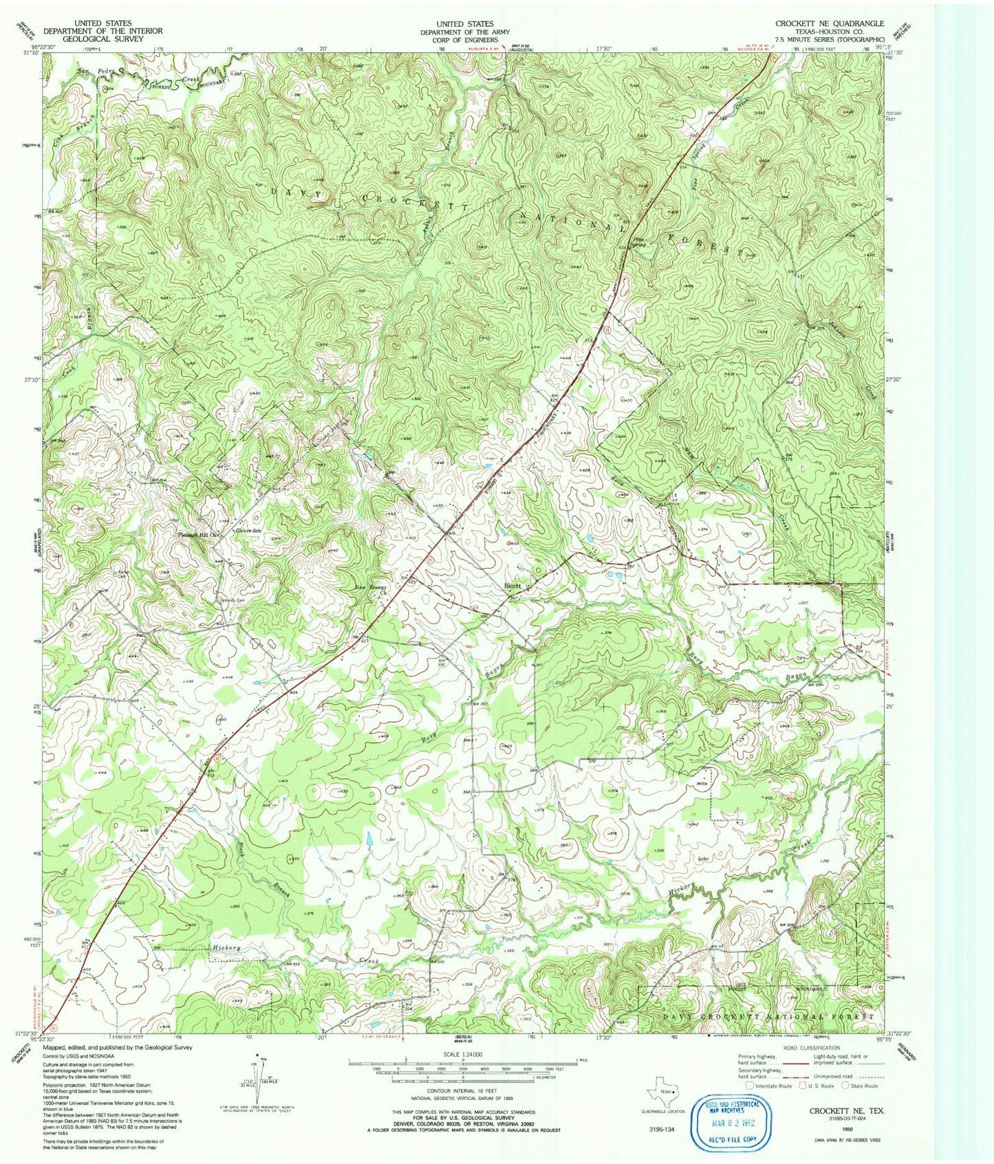 Classic USGS Crockett NE Texas 7.5'x7.5' Topo Map Image