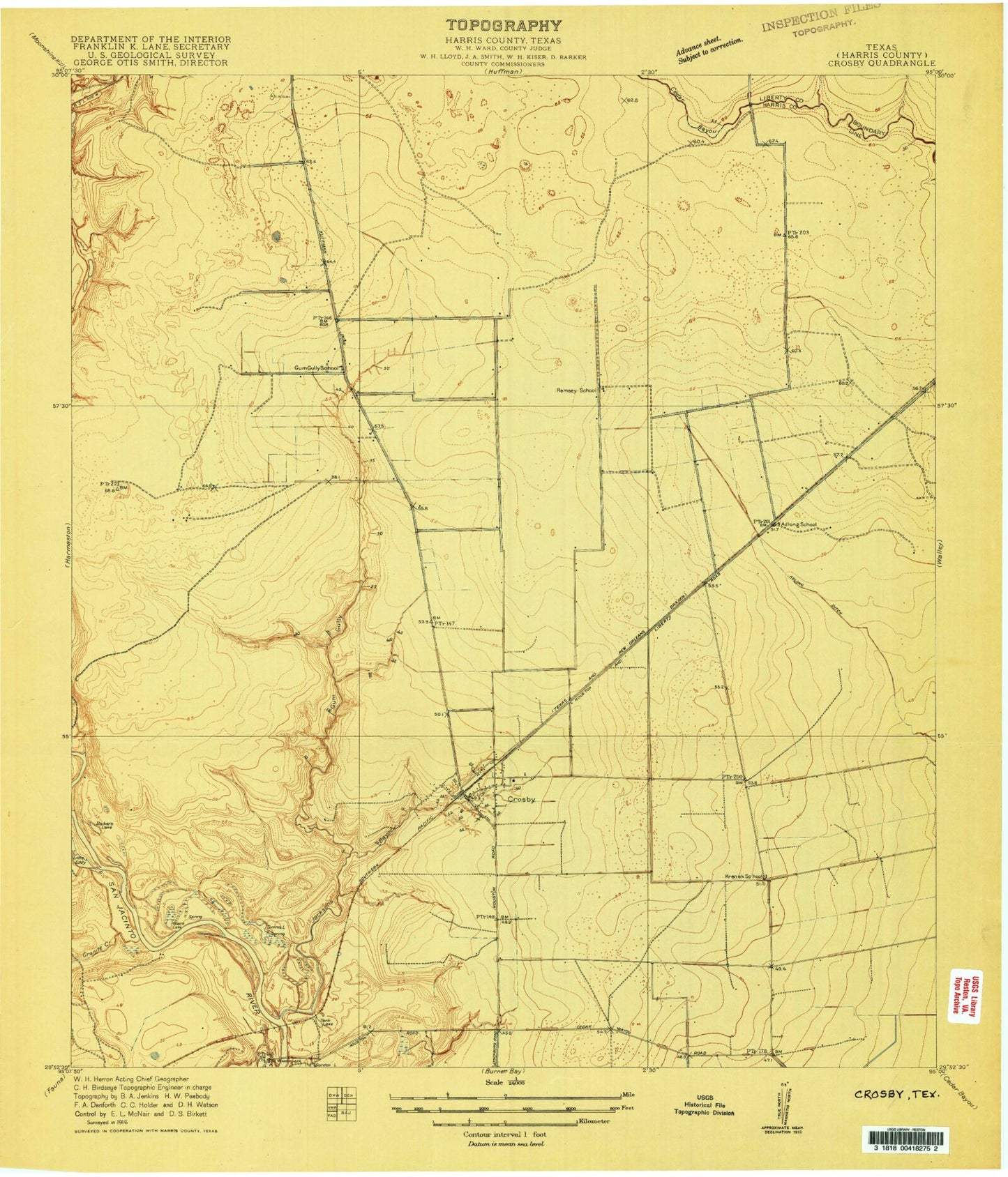 Classic USGS Crosby Texas 7.5'x7.5' Topo Map Image